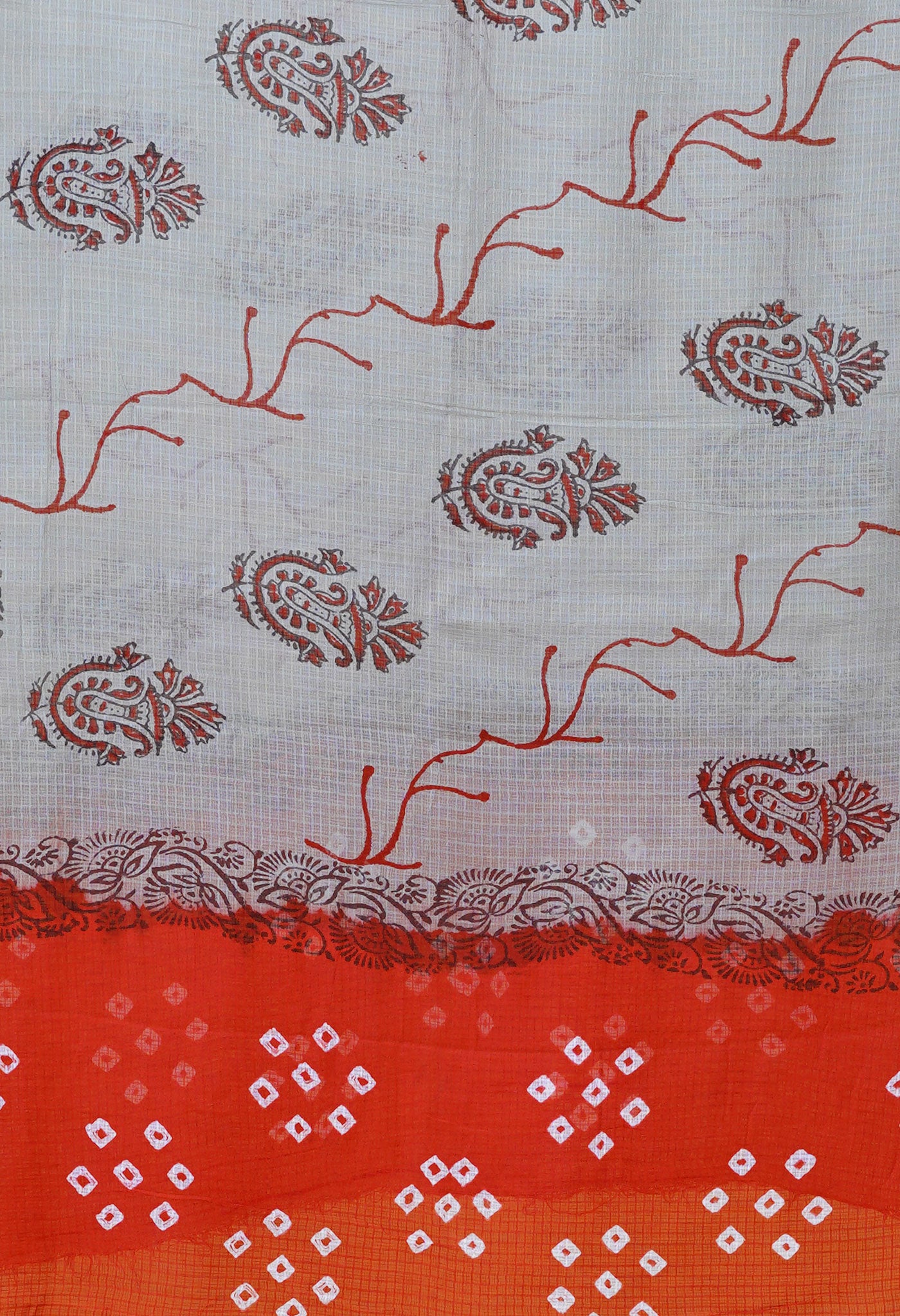 Grey-Red Pure Bandhani Block Printed Kota Dupatta