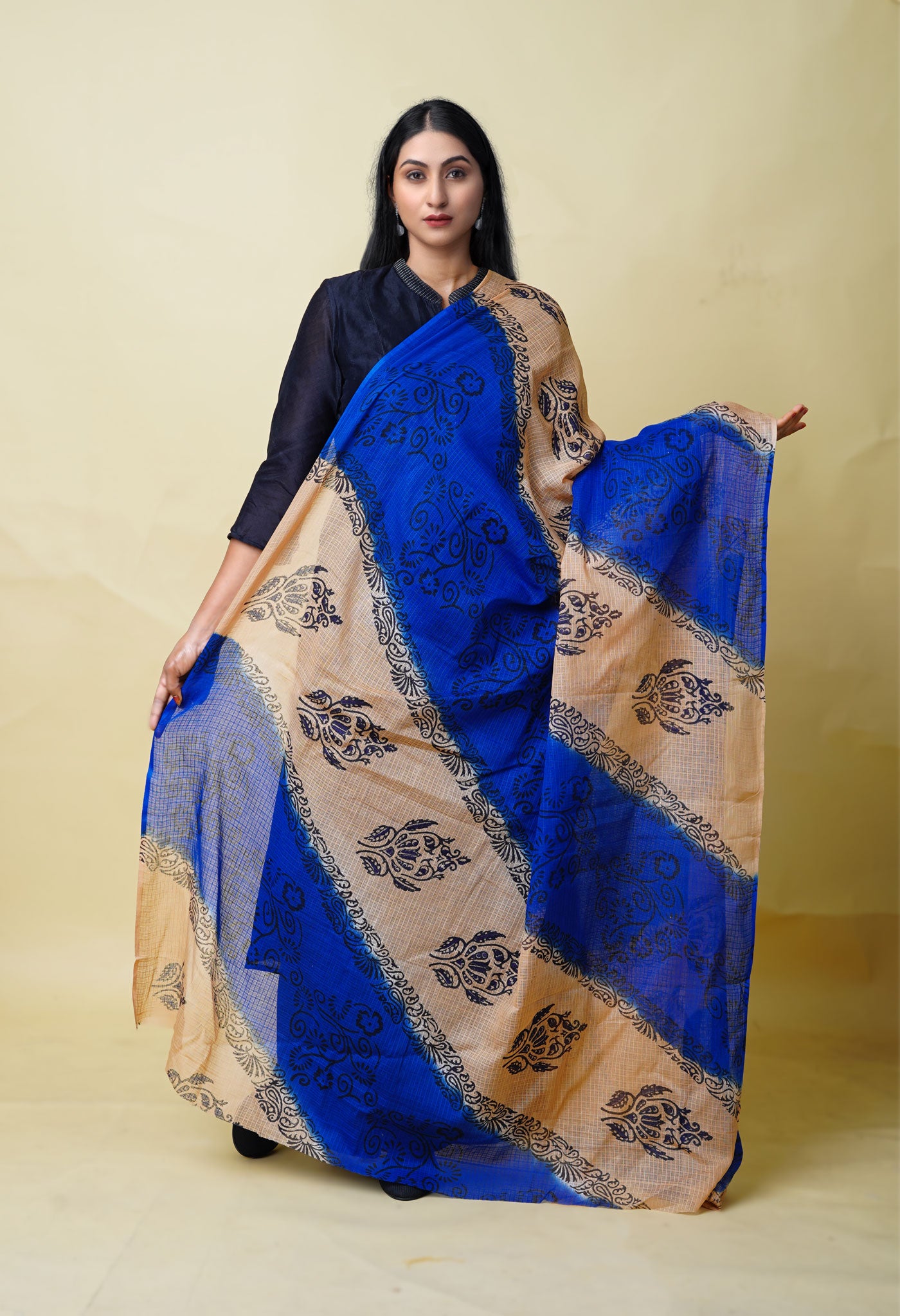 Dark Blue-Brown Pure Block Printed Kota Dupatta