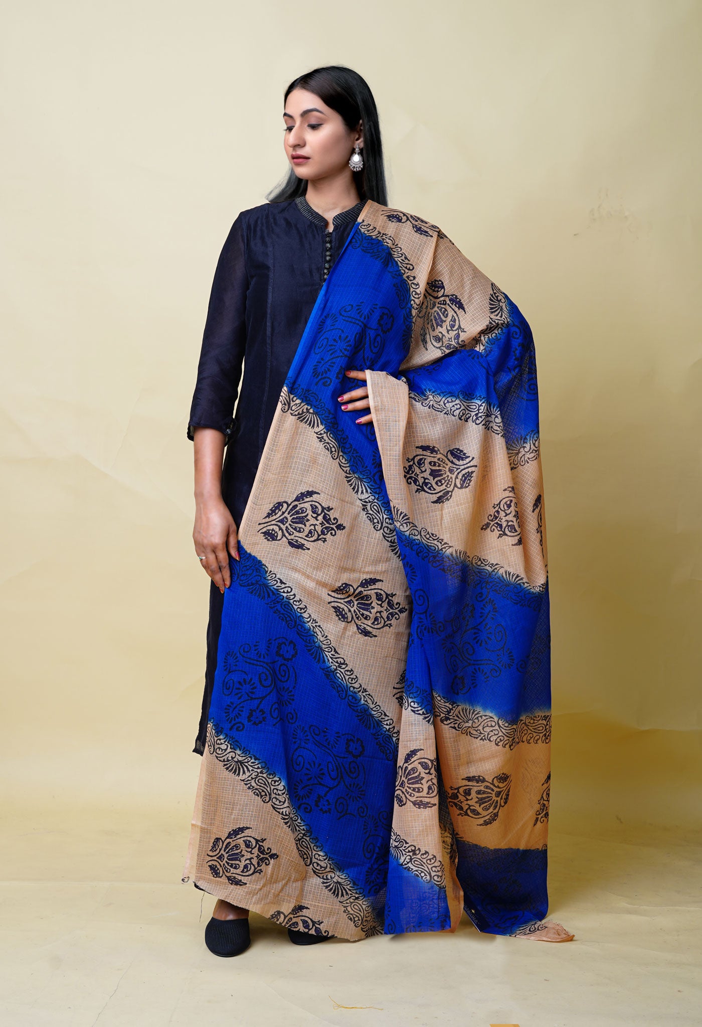 Dark Blue-Brown Pure Block Printed Kota Dupatta