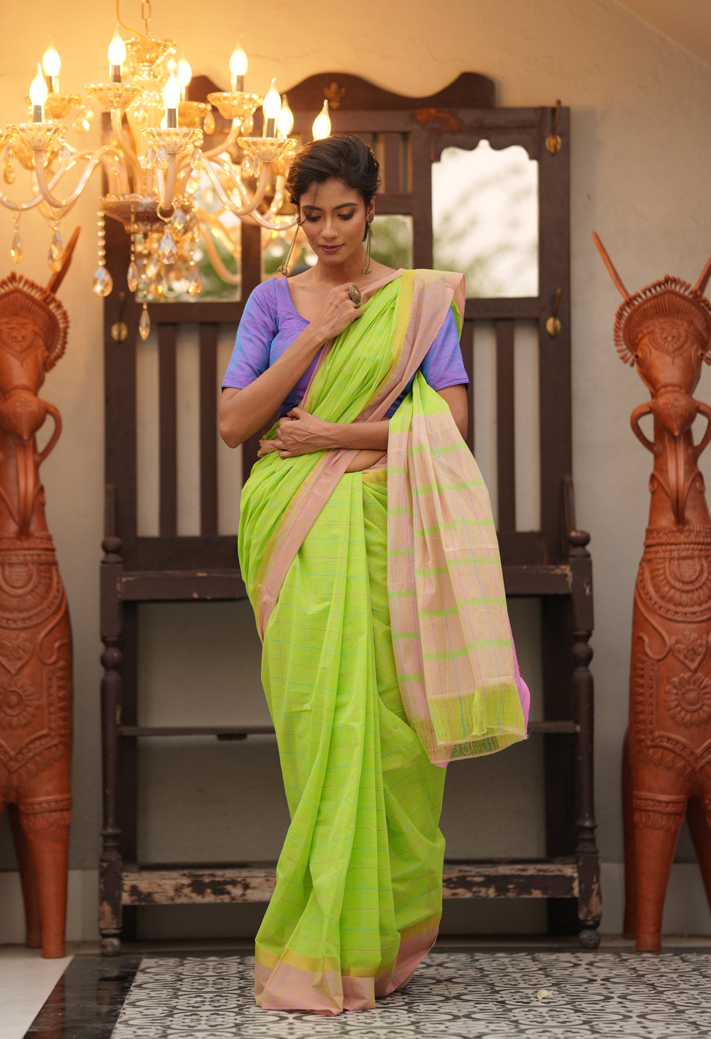 Green Pure Handloom Mangalagiri Cotton Saree-UNM71001