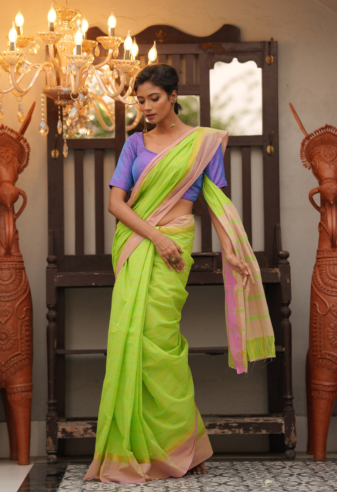 Green Pure Handloom Mangalagiri Cotton Saree-UNM71001