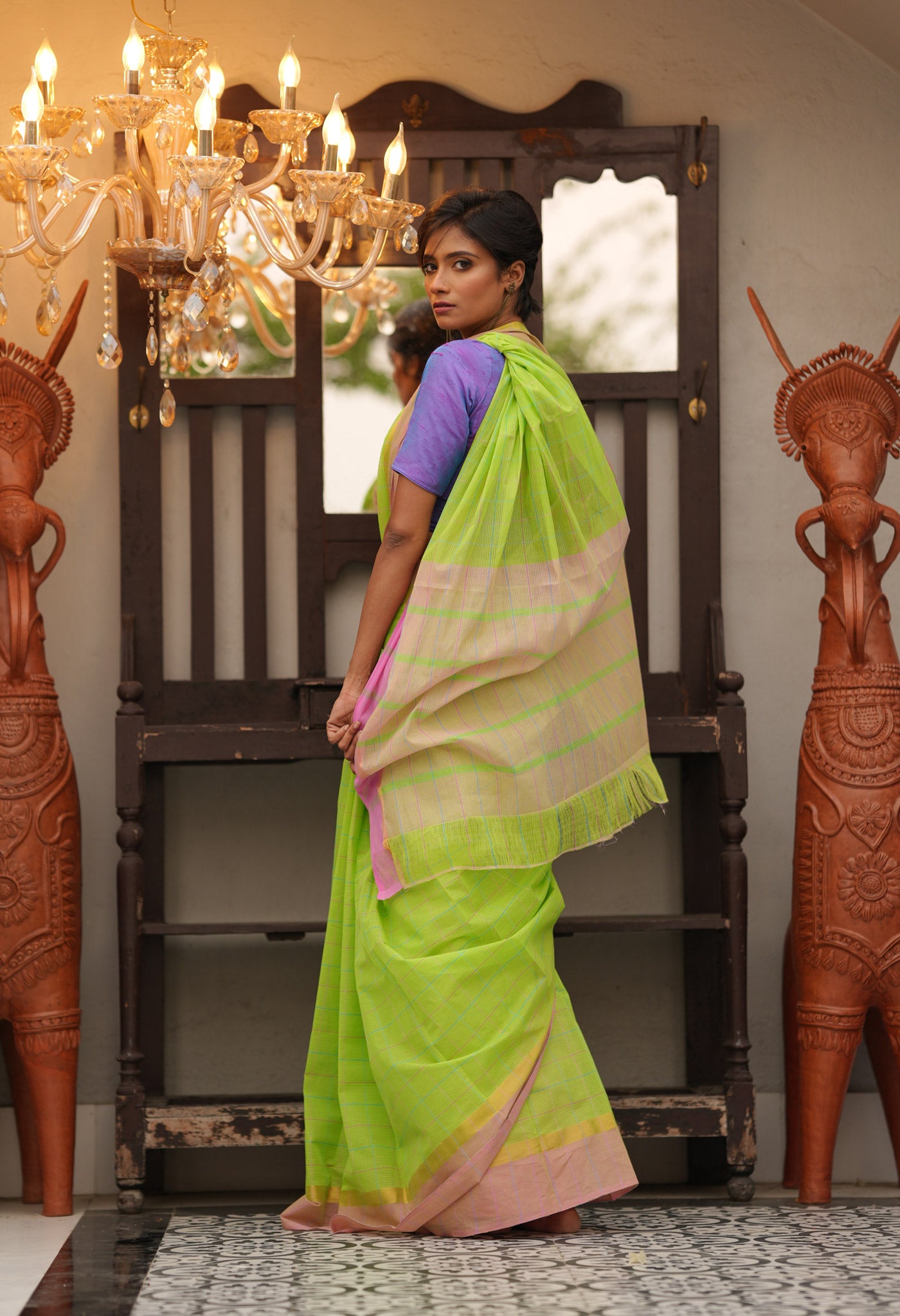 Green Pure Handloom Mangalagiri Cotton Saree-UNM71001