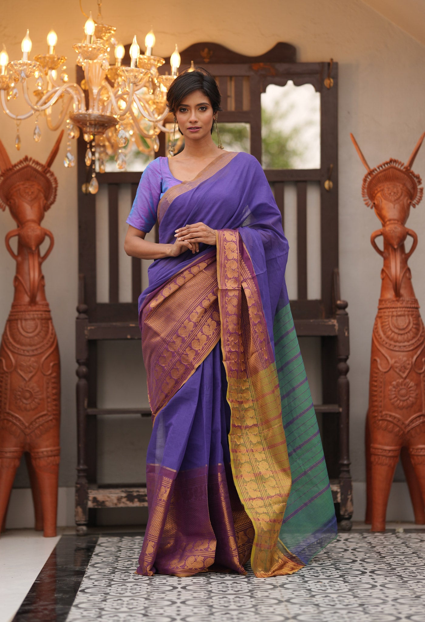 Blue Kanchi Cotton Saree With Big Zari Border-UNM71021