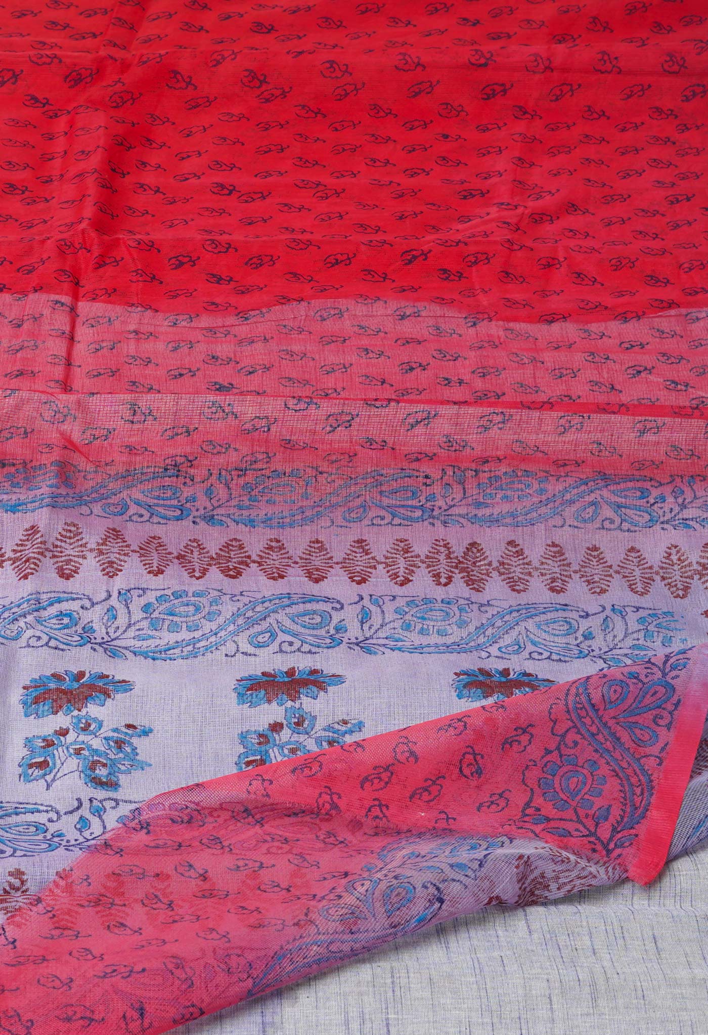 Red  Block Printed Supernet  Saree-UNM71321