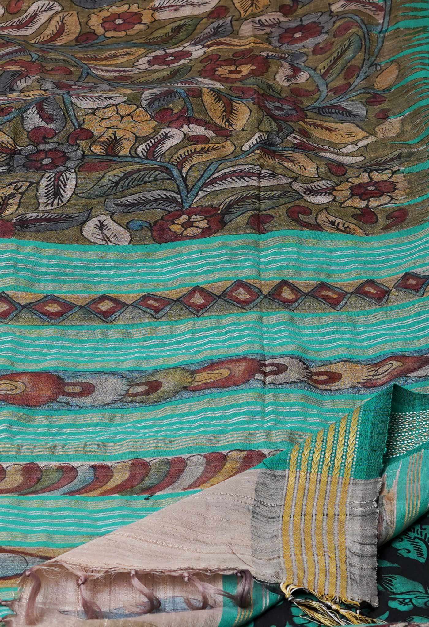 Mehndi Green Pure  Handloom Pen Kalamkari Painting Gicha Tussar Jute Saree-UNM72668