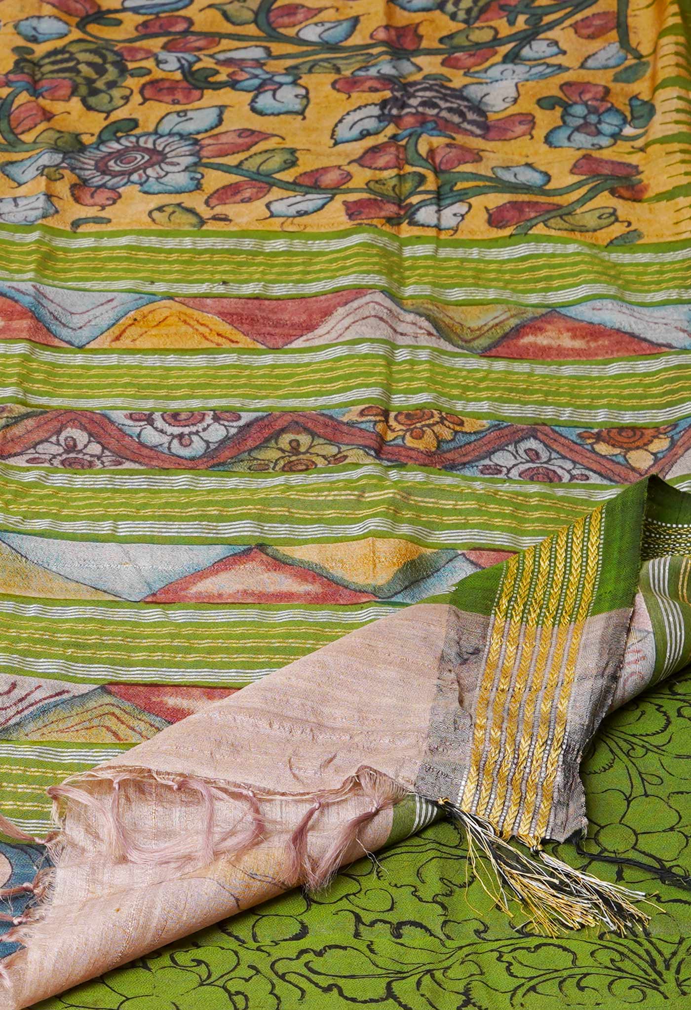 Yellow Pure Handloom Pen Kalamkari Painting Gicha Tussar Jute Saree-UNM72671