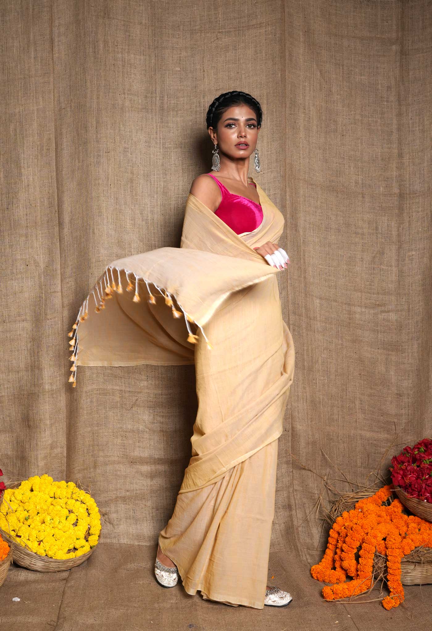 Cream Pure Plain Cotton Linen Saree With Tassels