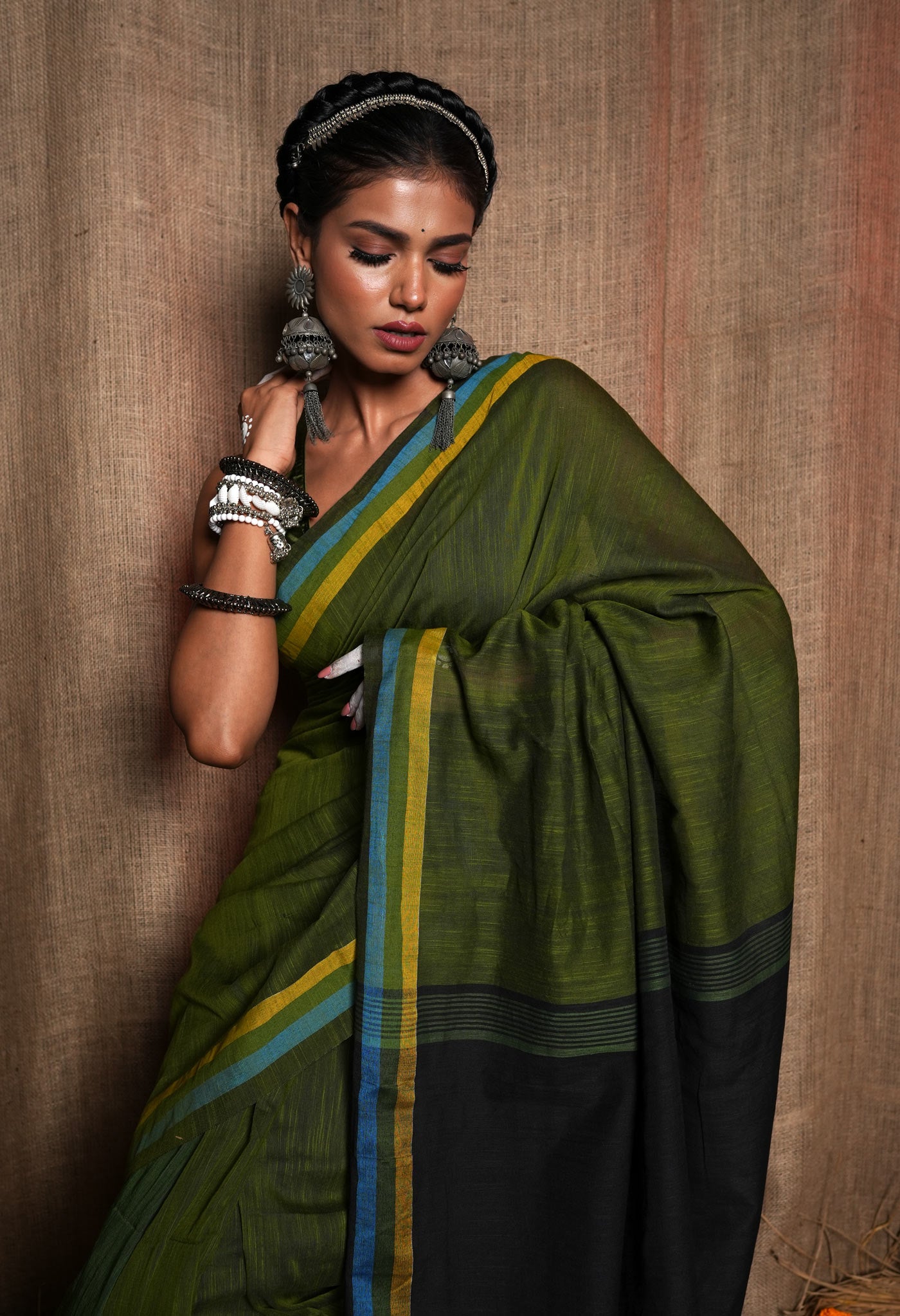 Olive Green-Pink Solid Chiffon Saree