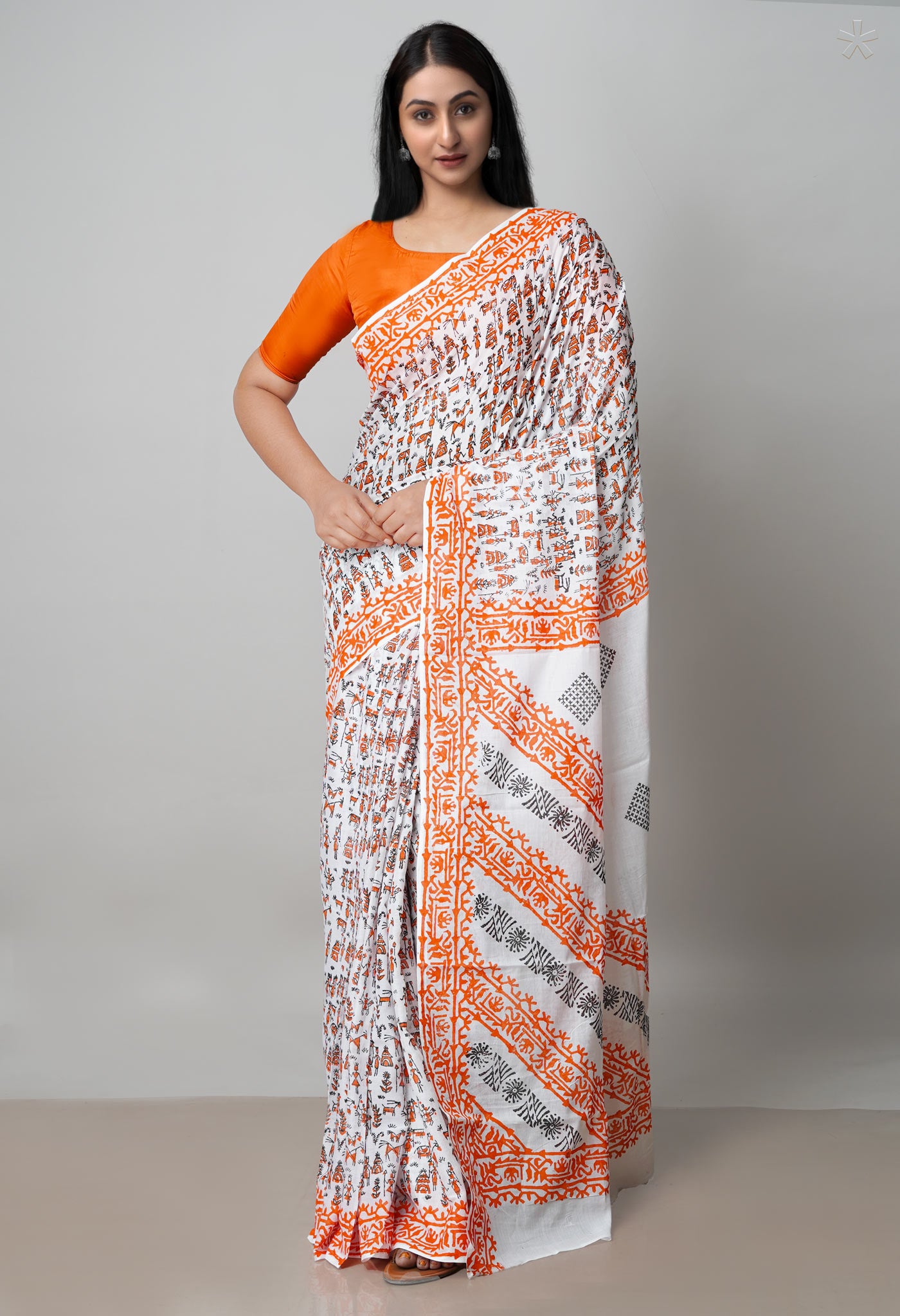 White Pure Block Printed  Superfine Mulmul Cotton Saree With Kalamkari Blouse Piece-UNM72906