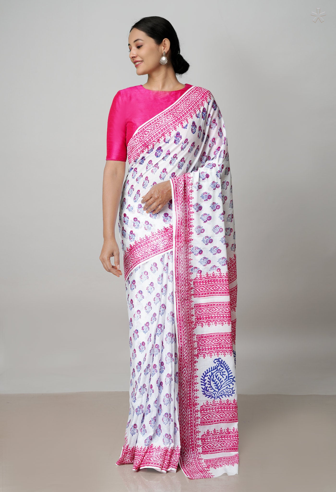 White Pure Block Printed Soft Cotton Saree With Kalamkari Blouse Piece