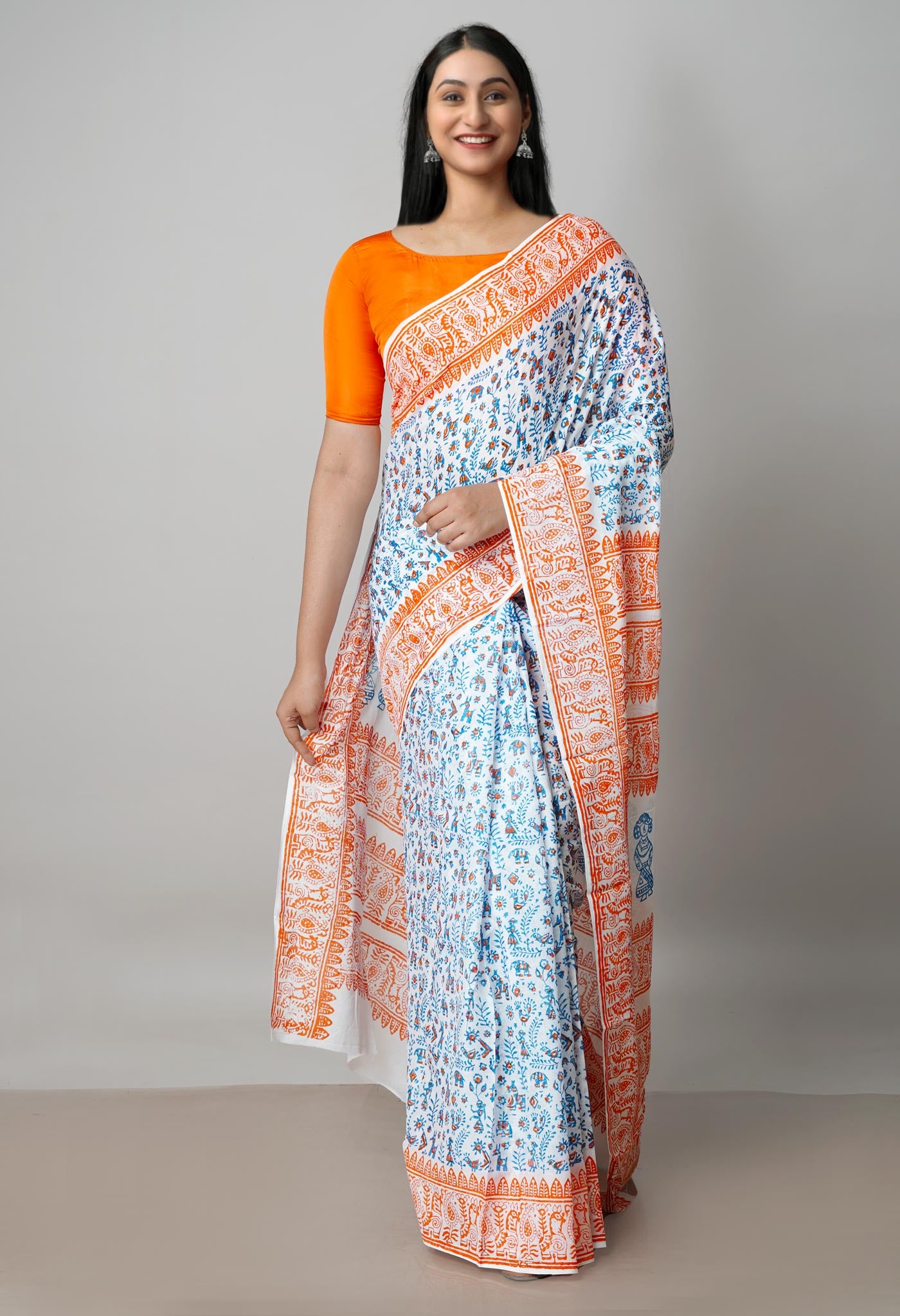 White Pure Block Printed  Superfine Mulmul Cotton Saree With Kalamkari Blouse Piece-UNM72939