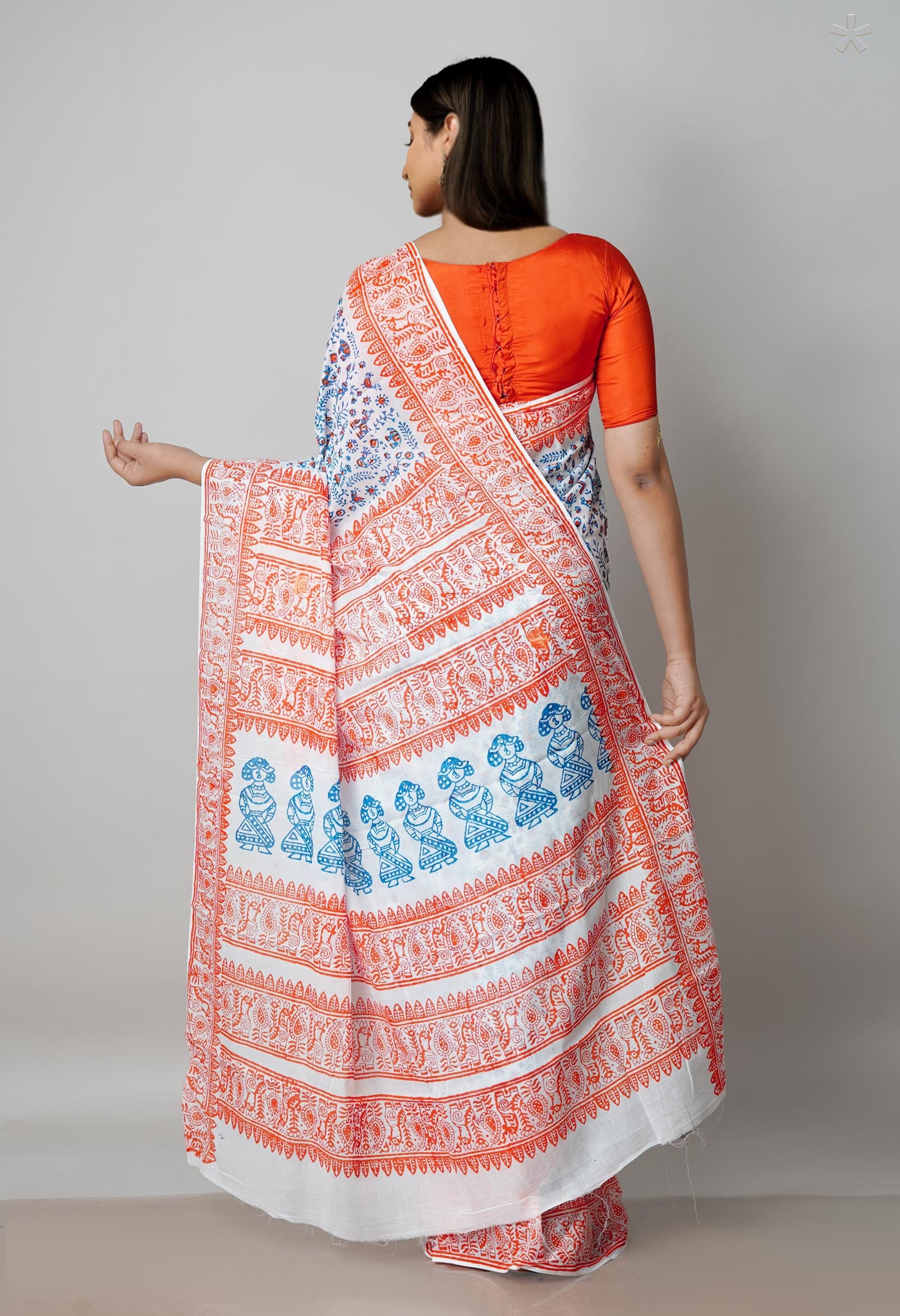 White Pure Block Printed  Superfine Mulmul Cotton Saree With Kalamkari Blouse Piece-UNM72939