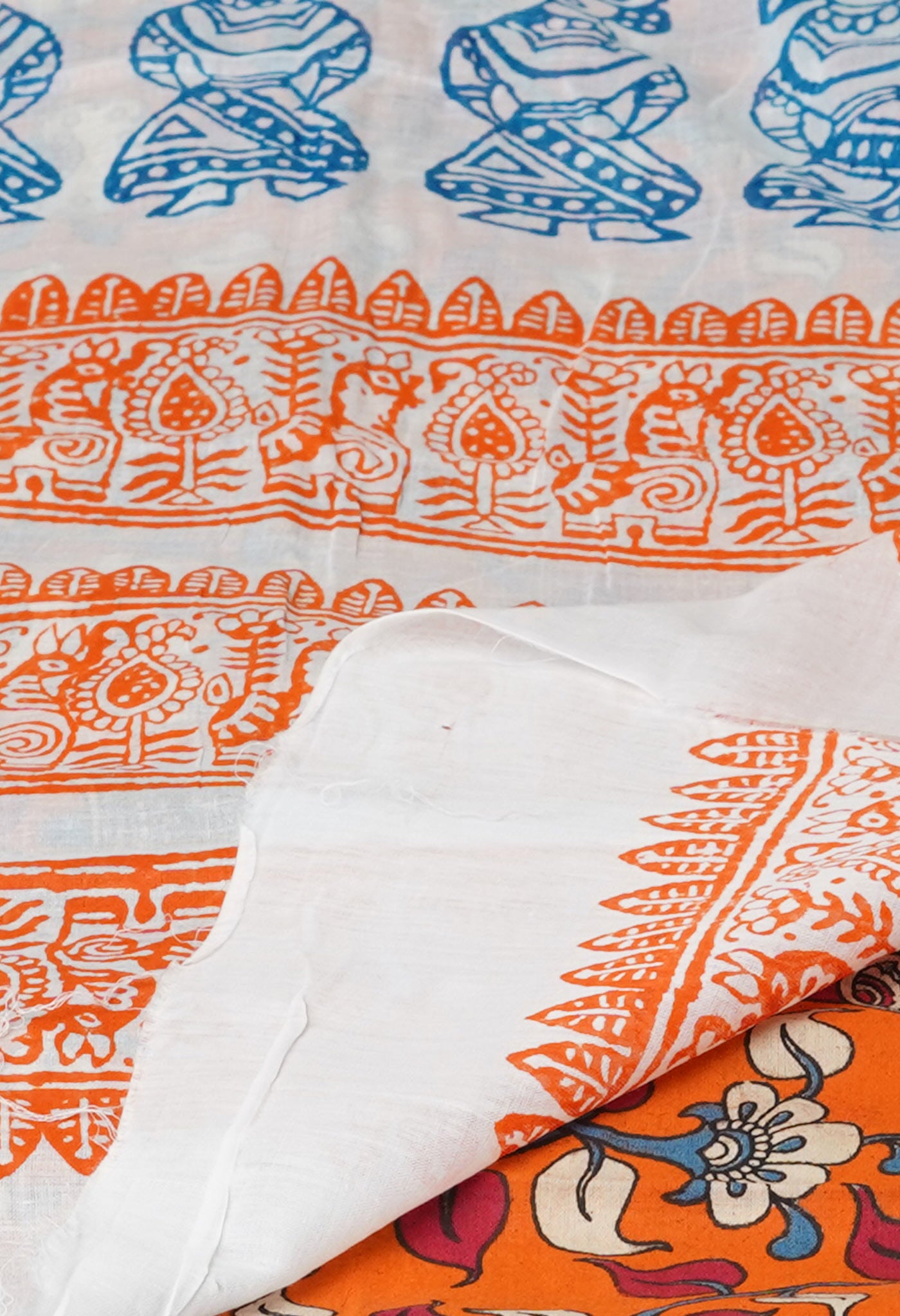 White Pure Block Printed  Superfine Mulmul Cotton Saree With Kalamkari Blouse Piece-UNM72939