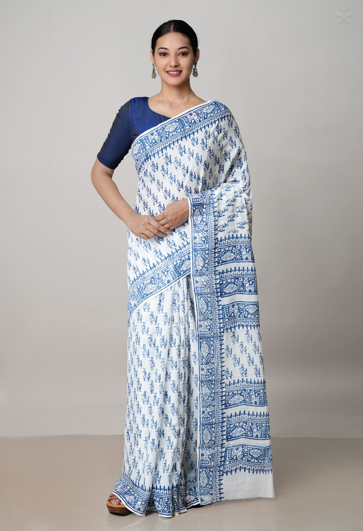 White Pure Block Printed  Superfine Mulmul Cotton Saree With Kalamkari Blouse Piece-UNM72947