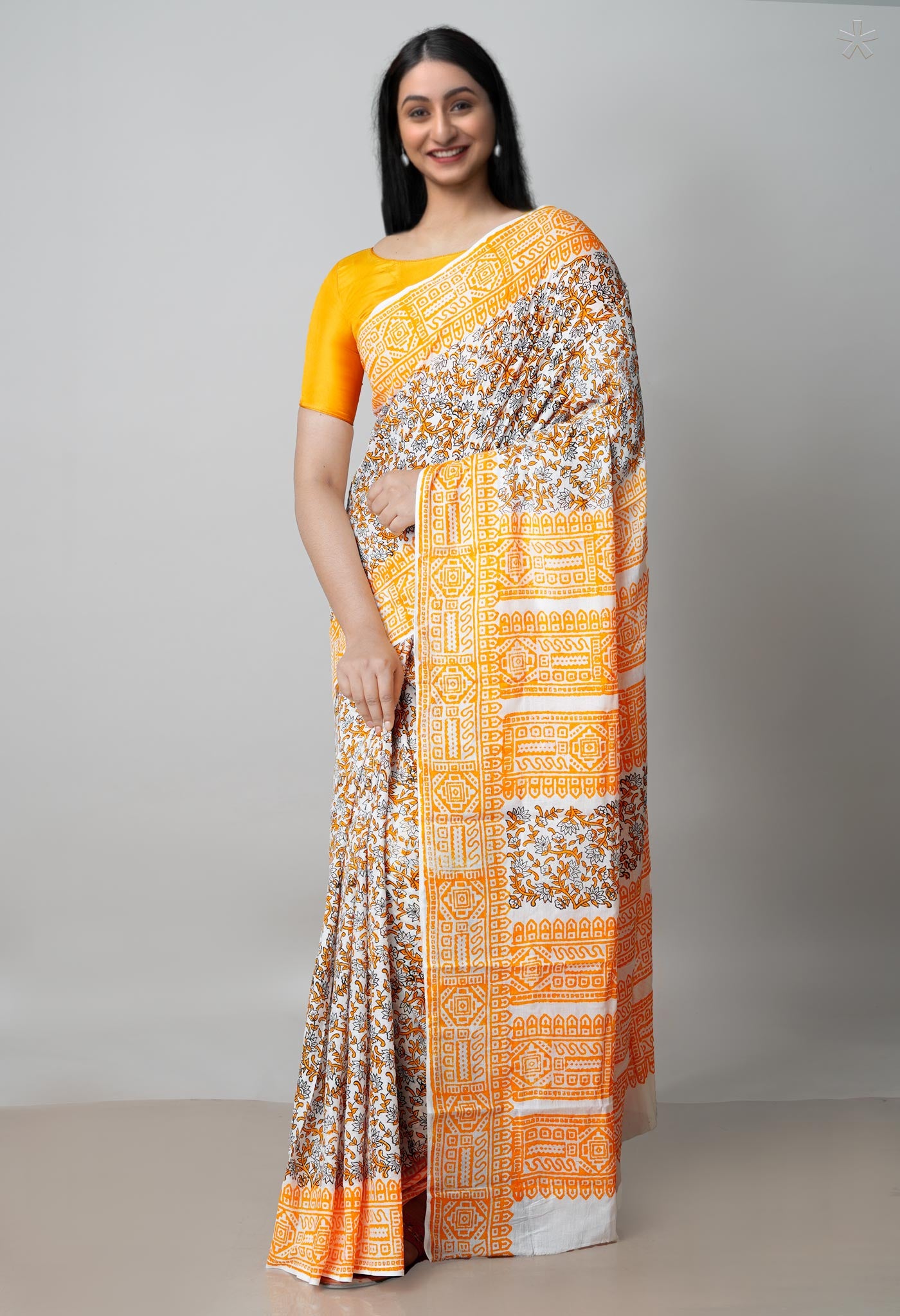 White Pure Block Printed Soft Cotton Saree With Kalamkari Blouse Piece