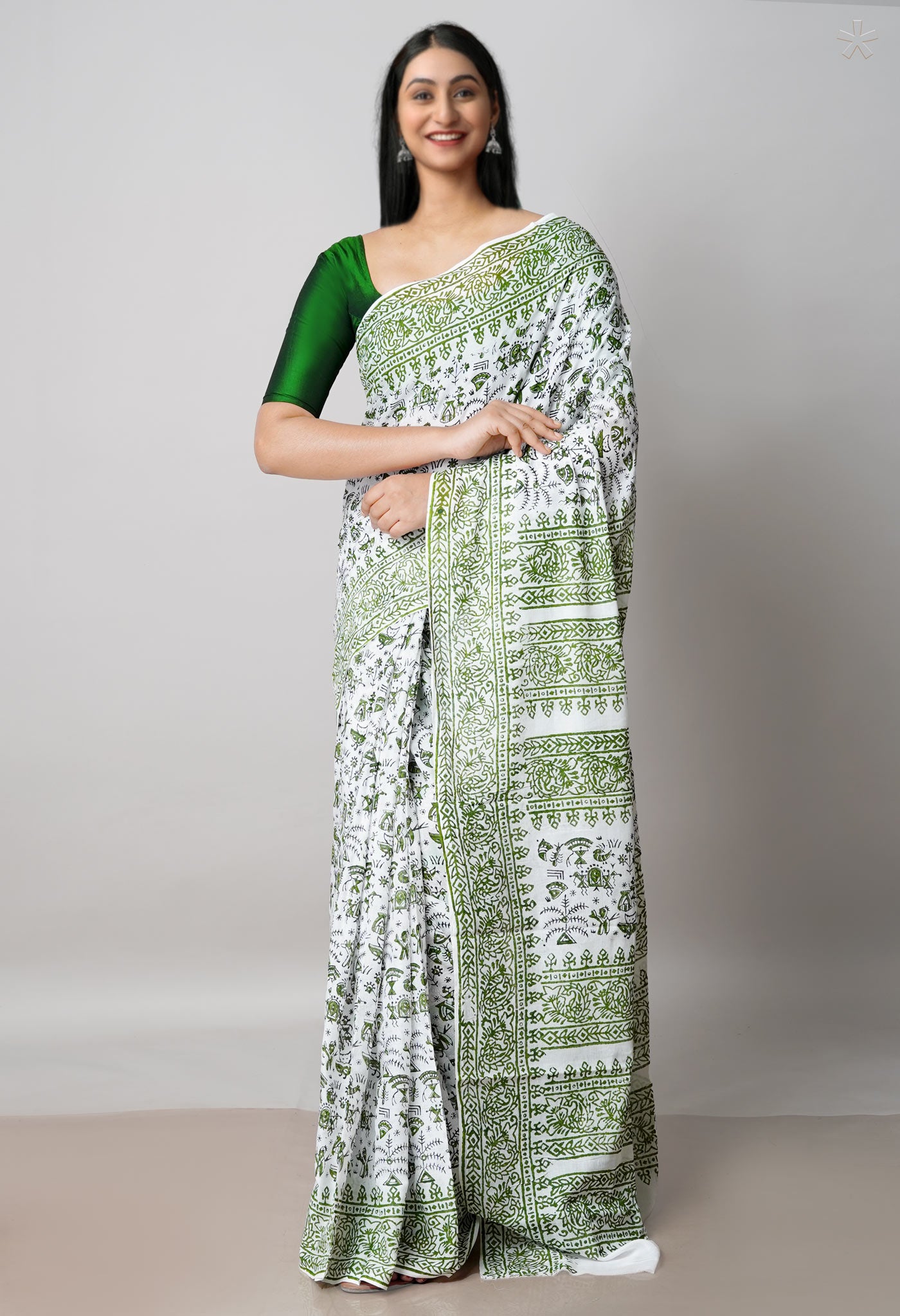 White Pure Block Printed  Superfine Mulmul Cotton Saree With Kalamkari Blouse Piece-UNM72950