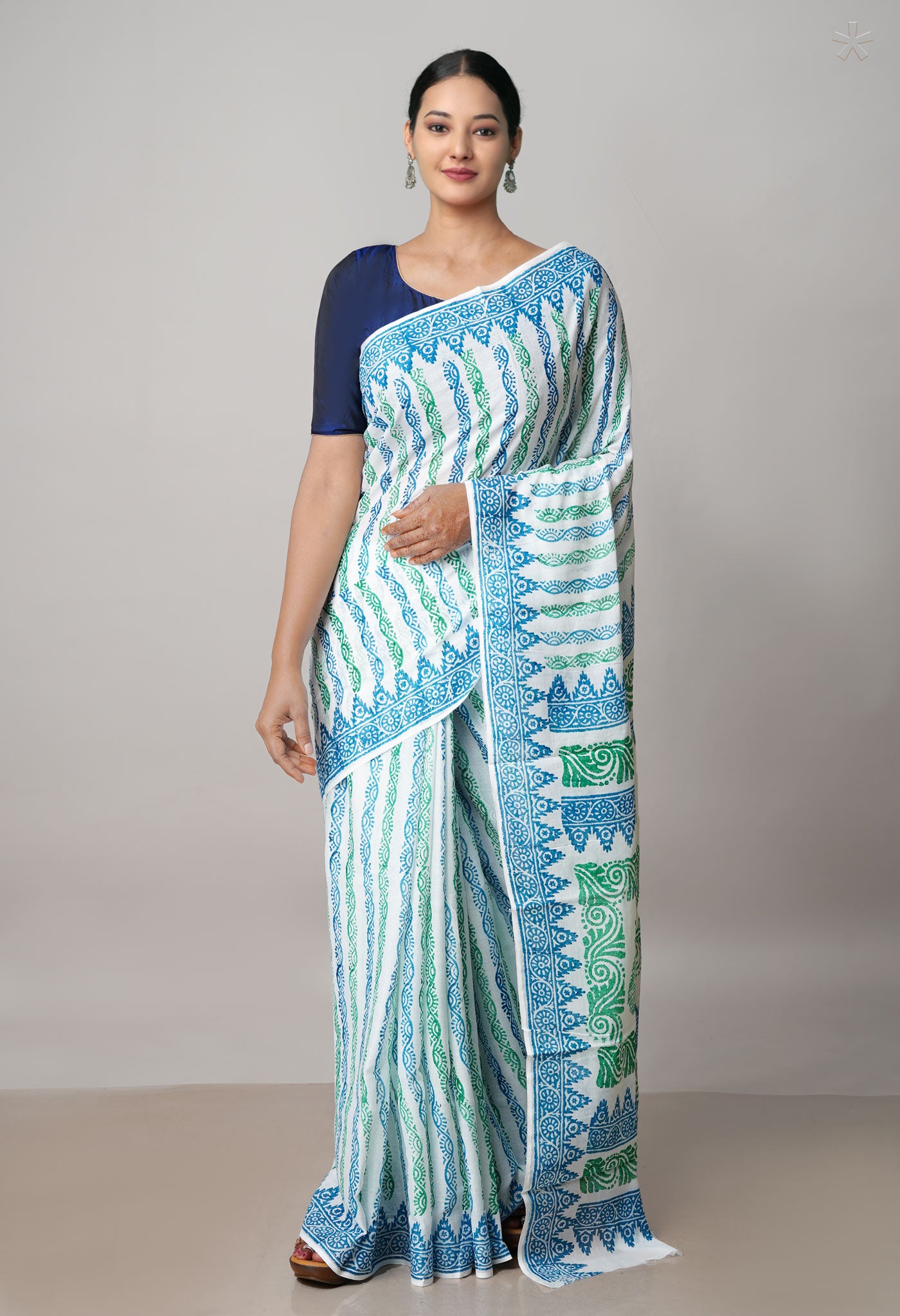 White Pure Block Printed Soft Cotton Saree With Kalamkari Blouse Piece