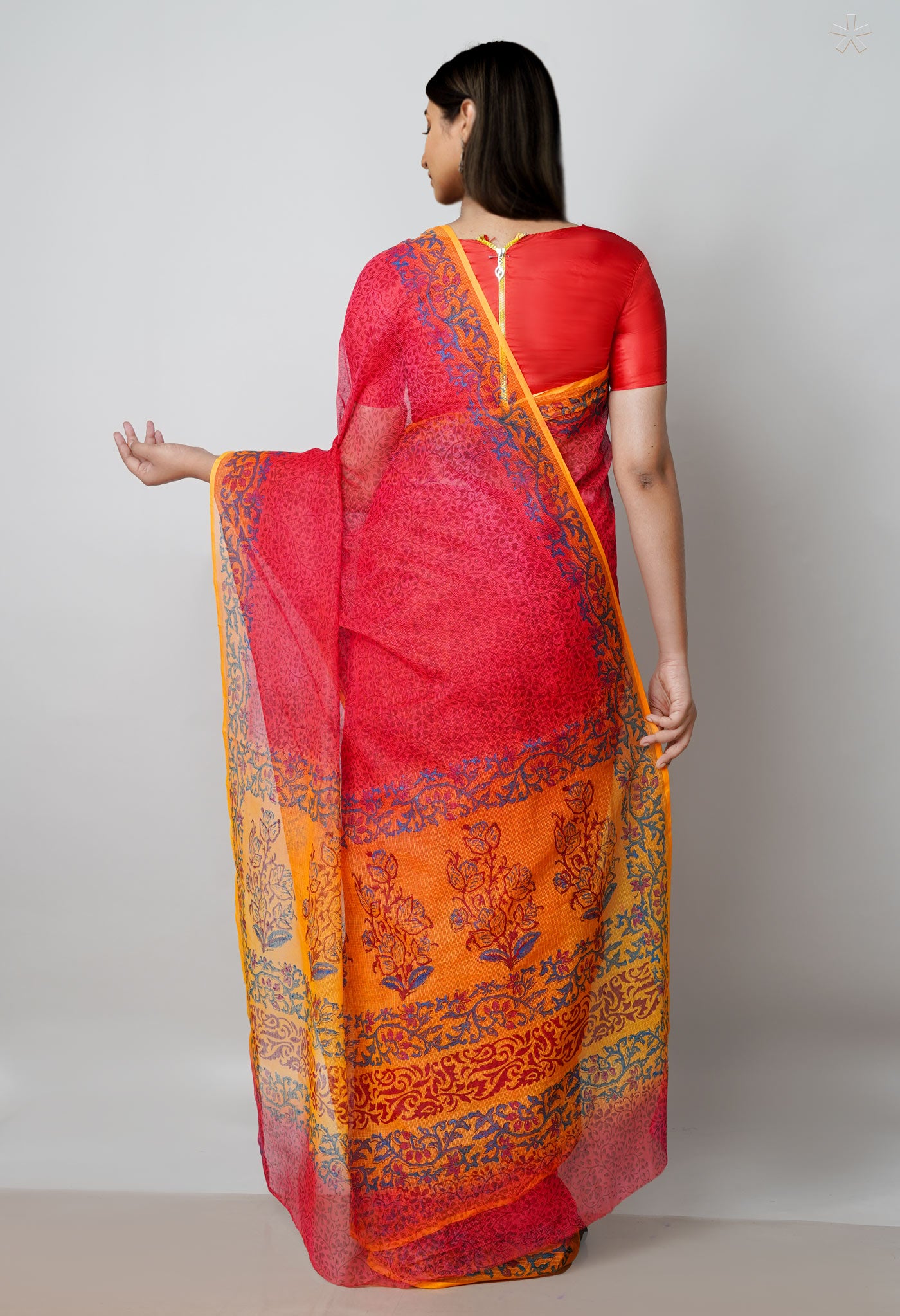 Red Pure Block Printed  Kota Cotton Saree With Kalamkari Blouse Piece-UNM72967