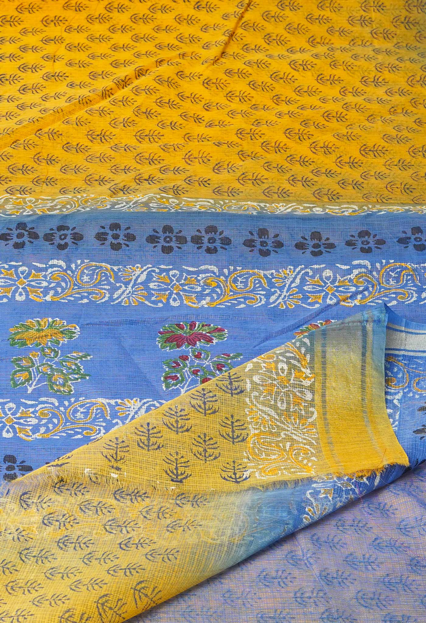 Yellow Pure  Block Printed  Kota  Cotton Saree-UNM73034