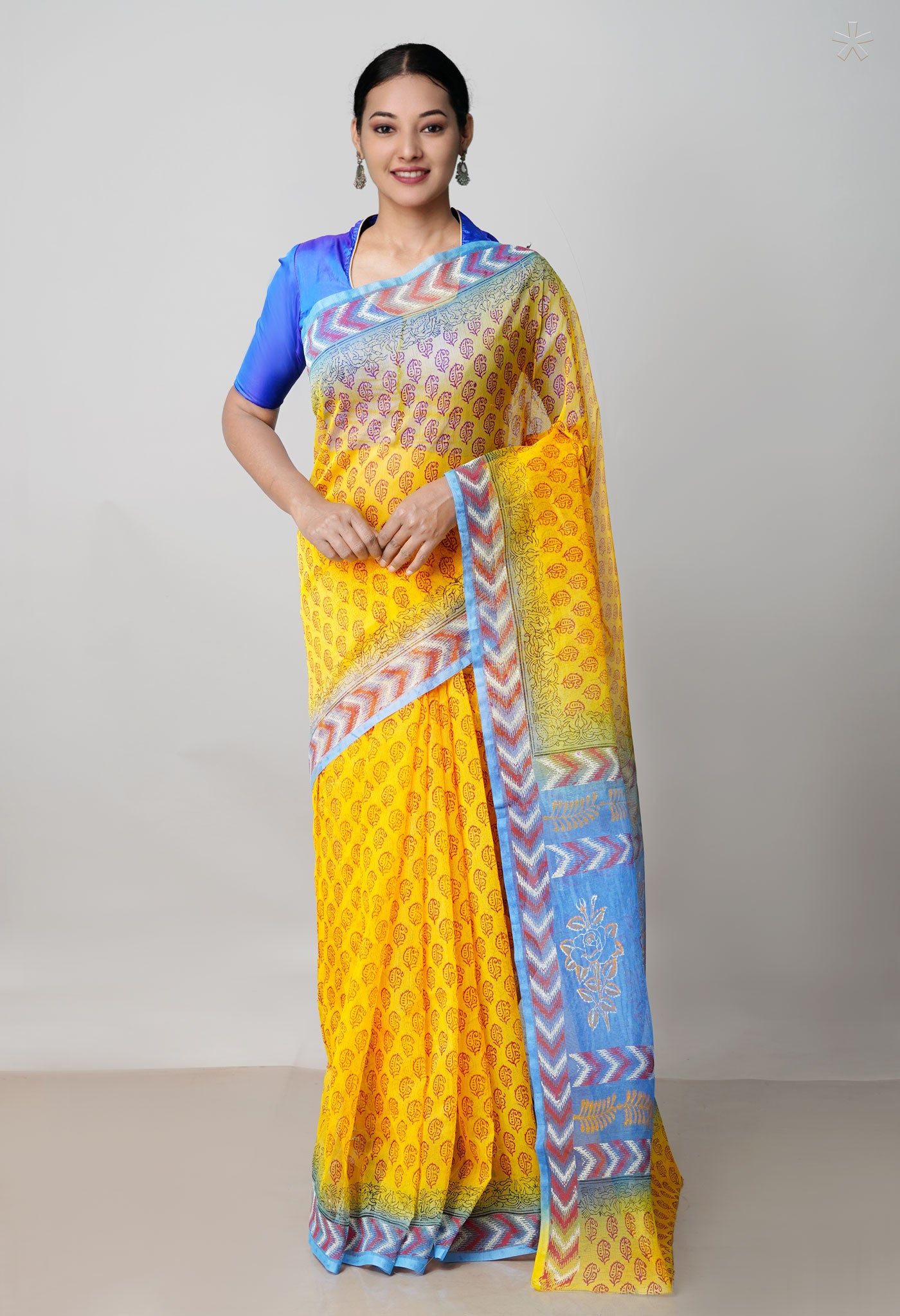 Yellow Pure Block Printed Kota Cotton Saree