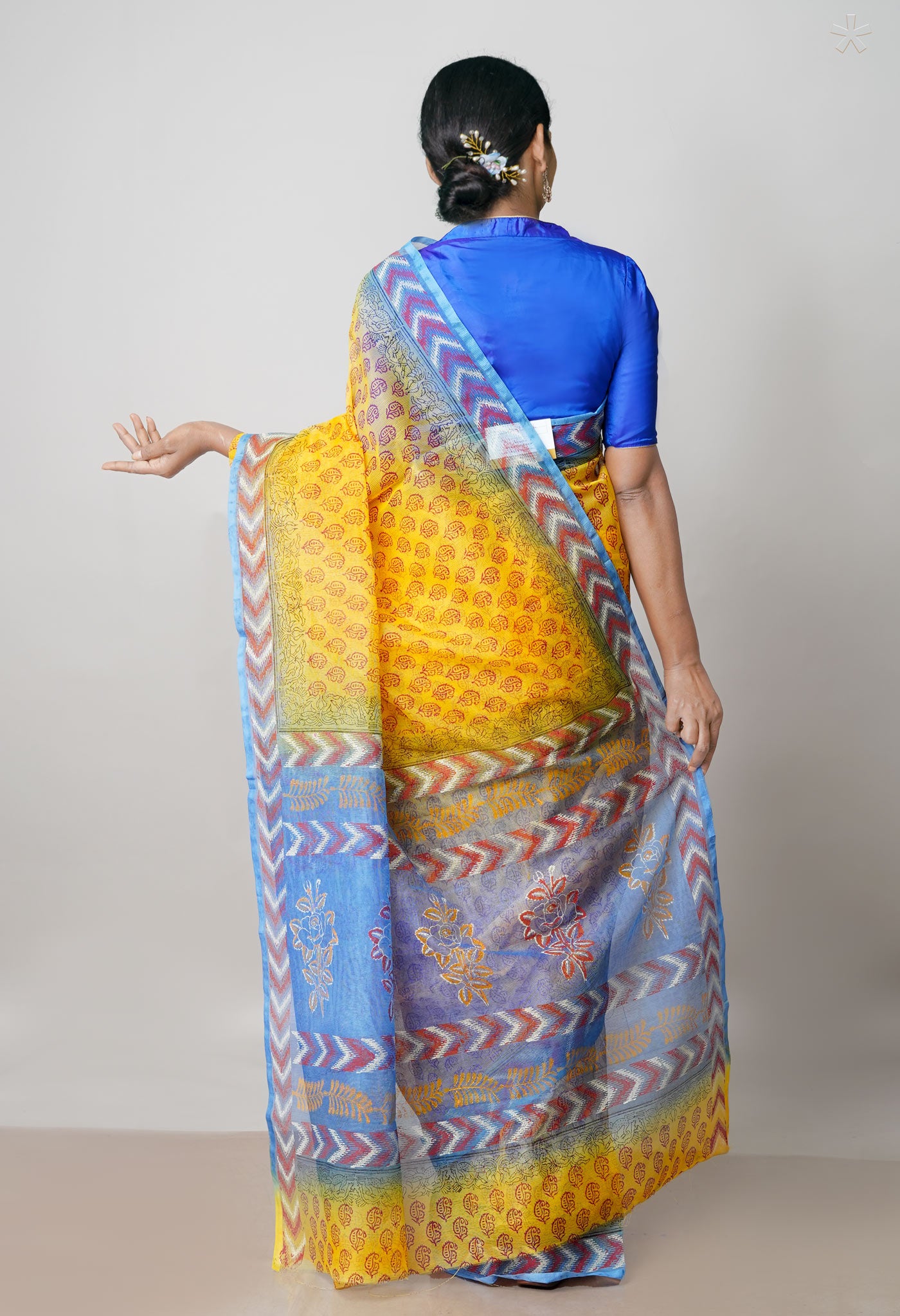 Yellow Pure Block Printed Kota Cotton Saree