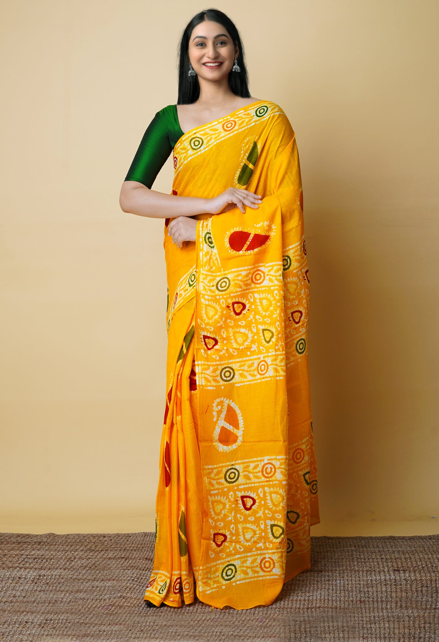 Yellow Pure  Hand Batik Mulmul Cotton Saree-UNM73119