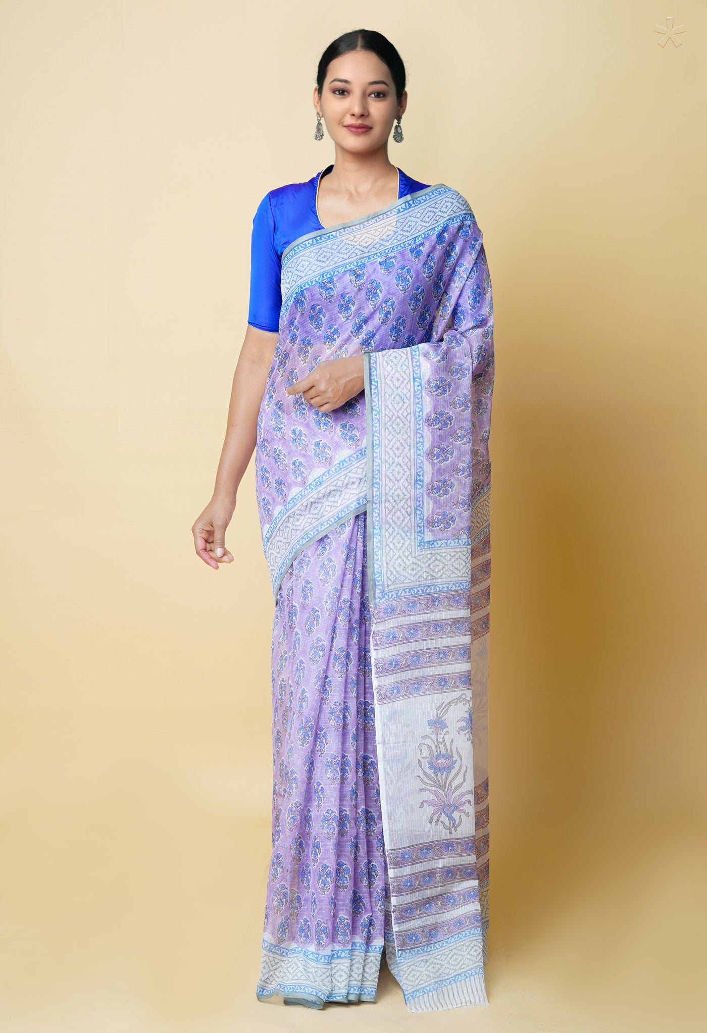 Purple Pure  Block Printed Kota Cotton Saree With Cotton Blouse Piece-UNM73272