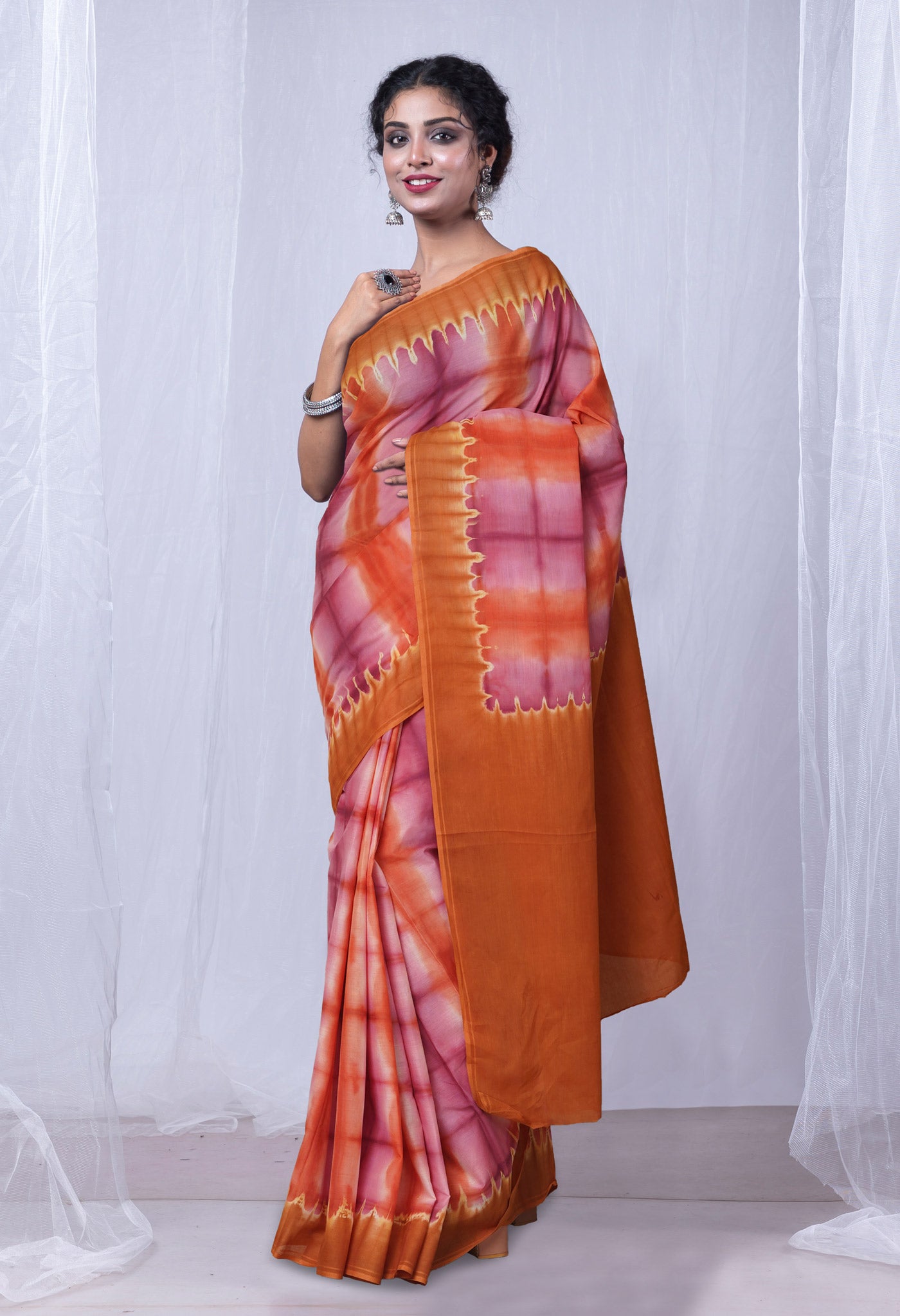 Multi Pure Shibori Printed superfine Mulmul Cotton Saree-UNM73306