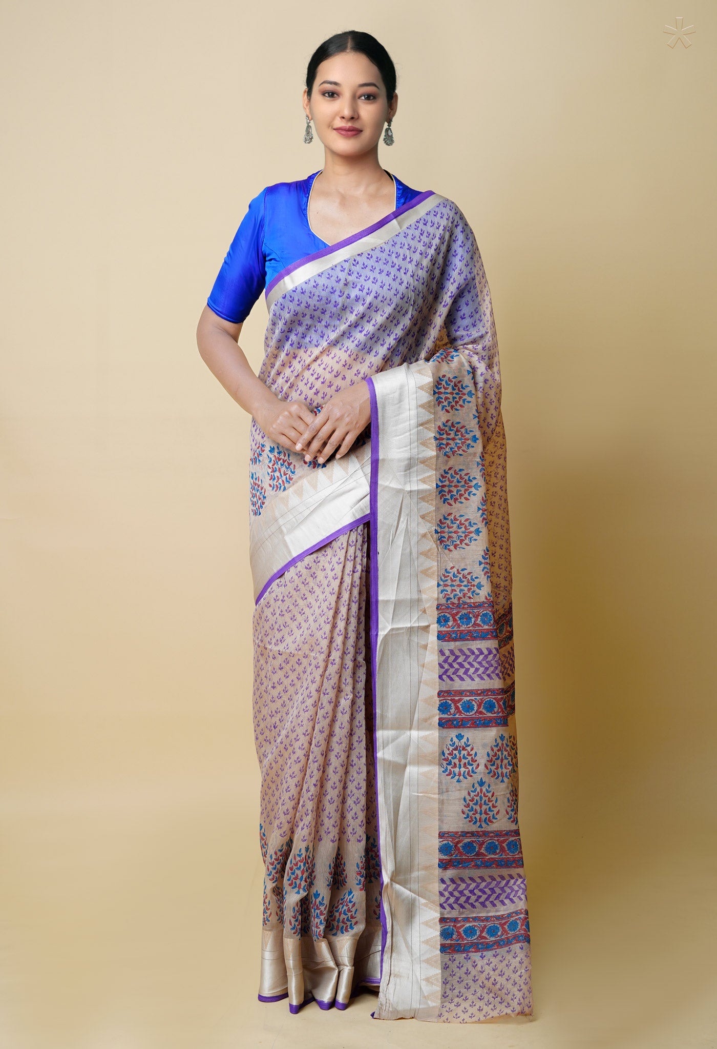 Cream Pure  Dyed Printed Chanderi Sico Saree-UNM73351