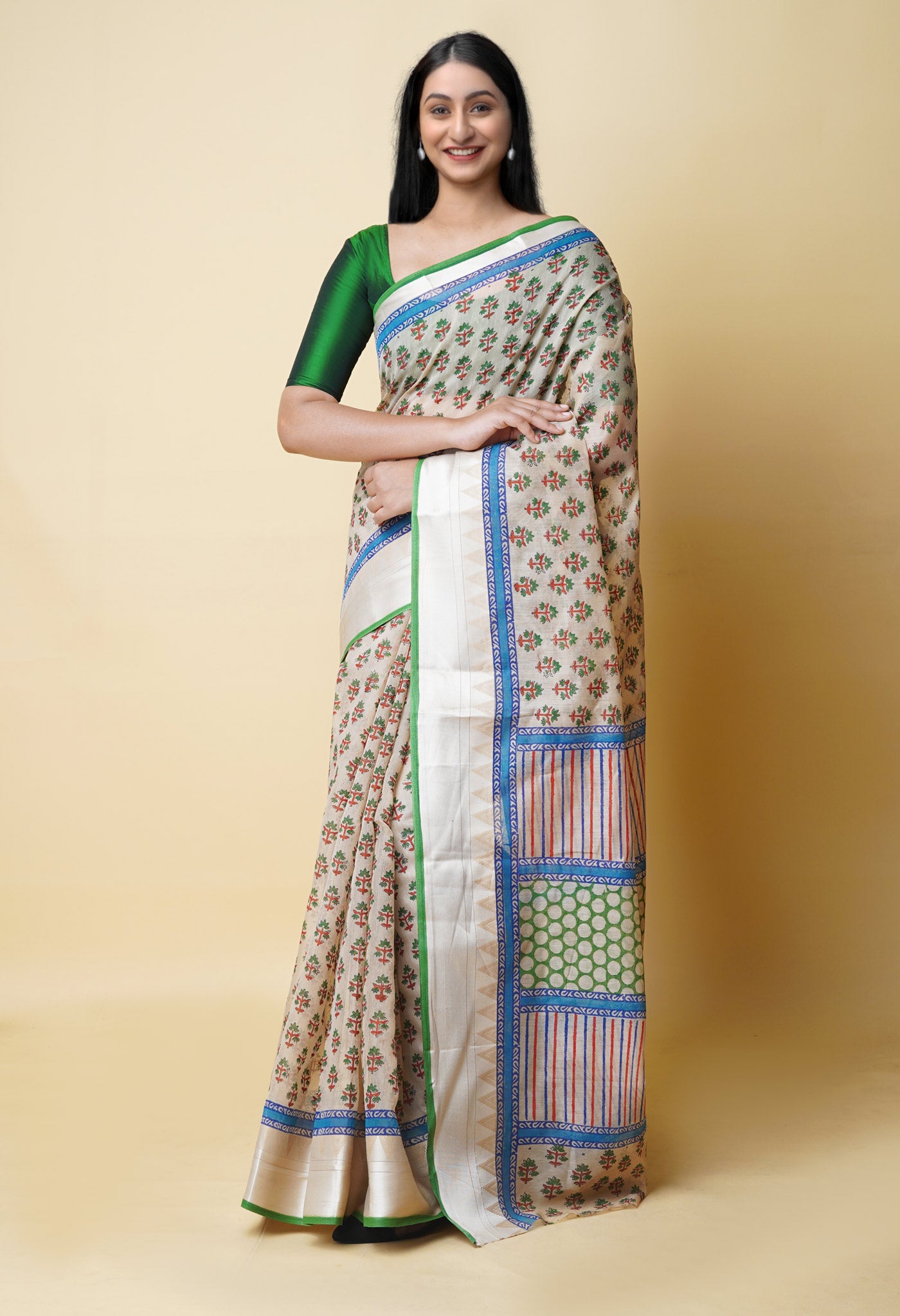 Cream Pure  Dyed Printed Chanderi Sico Saree-UNM73355