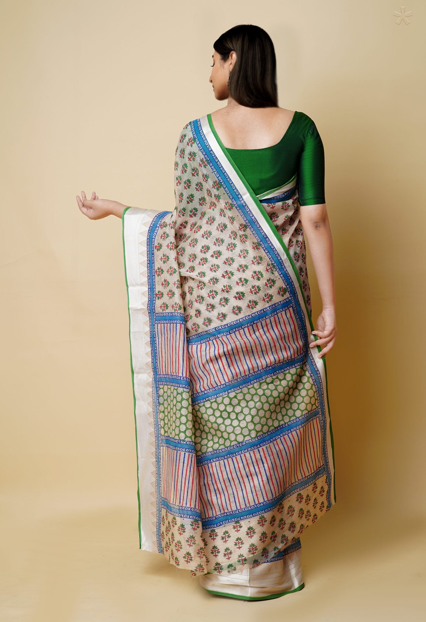 Cream Pure  Dyed Printed Chanderi Sico Saree-UNM73355