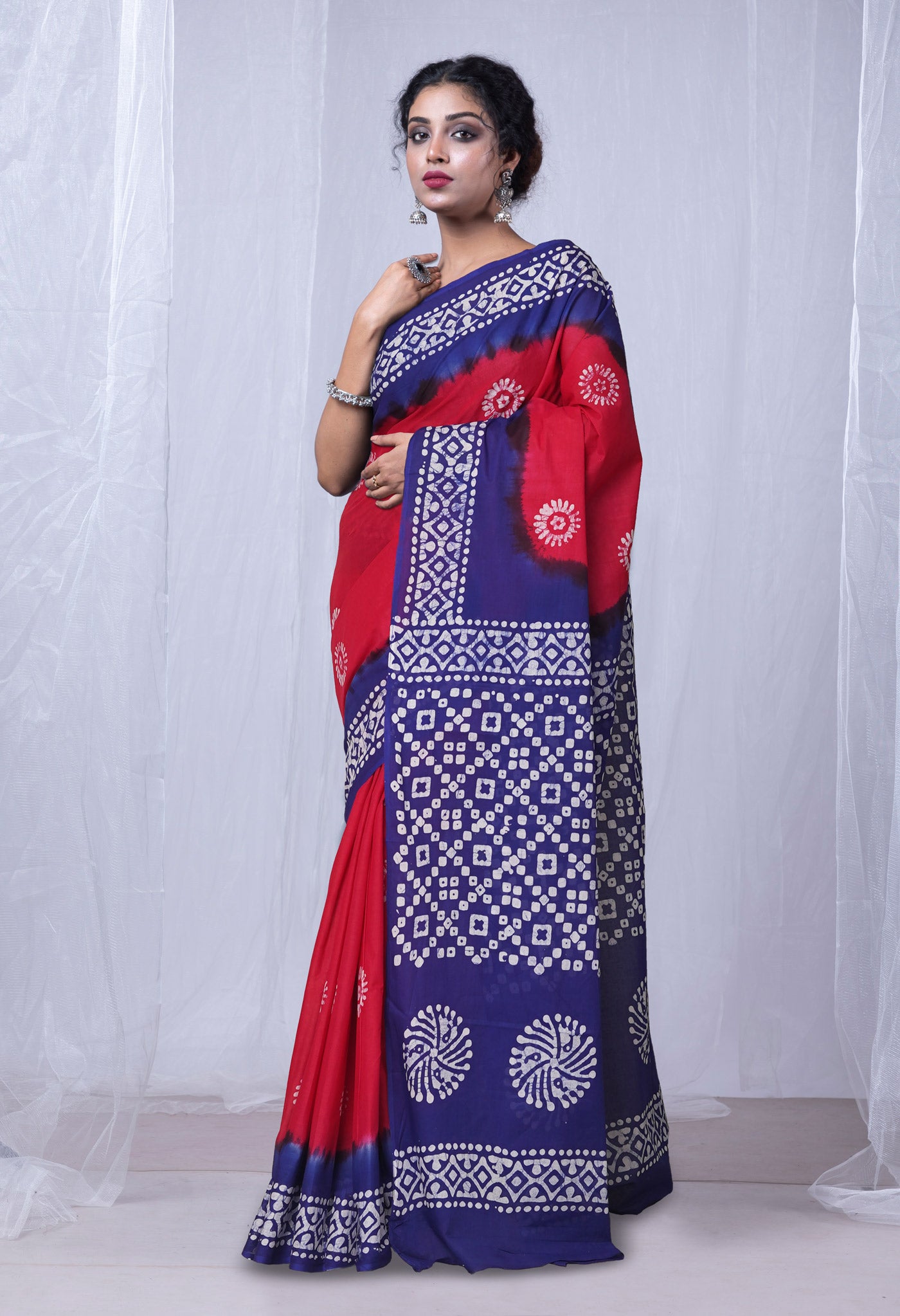 Red Pure Batik Printed Chanderi Sico Saree-UNM73405