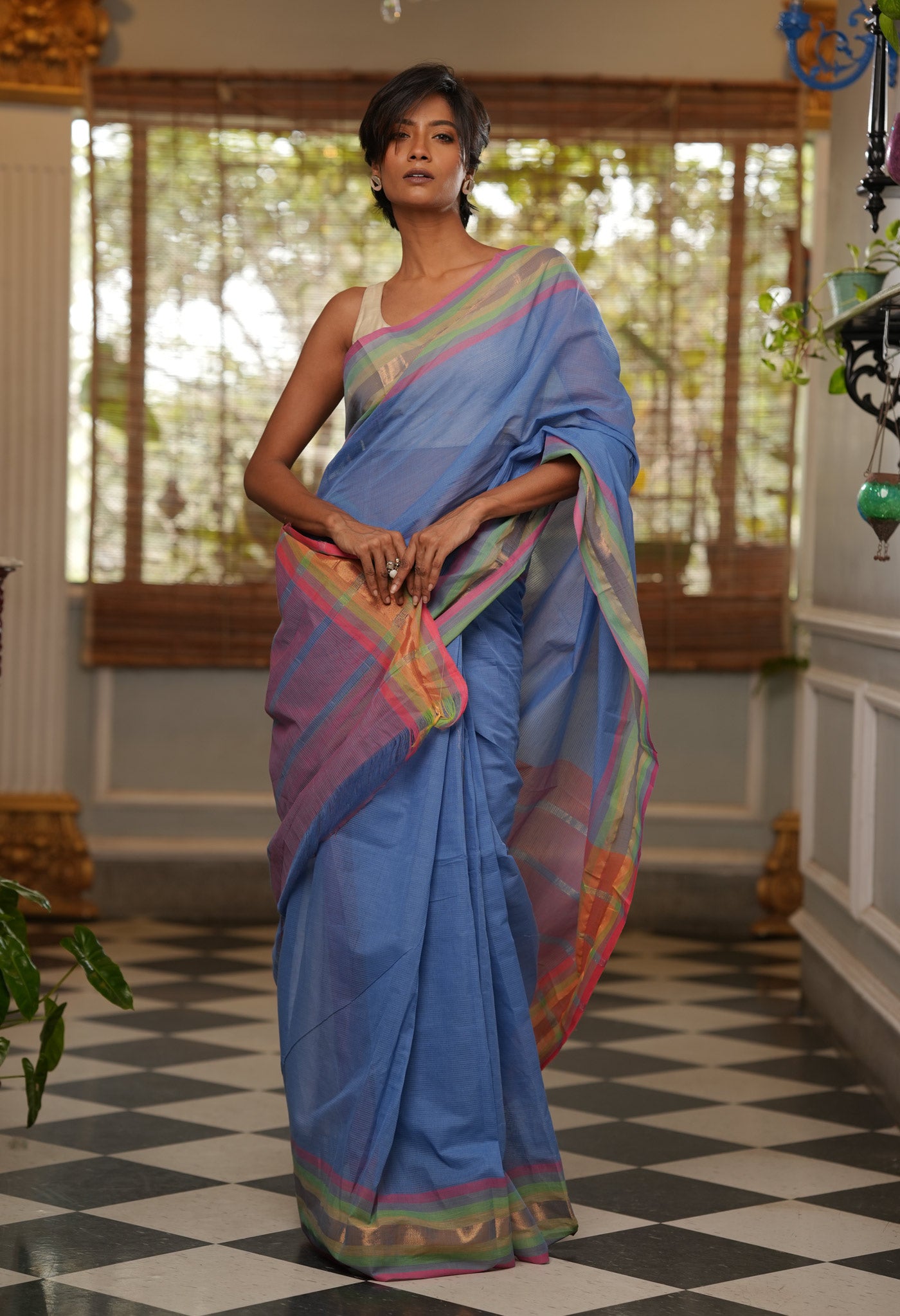 Blue Pure Mangalgiri Cotton Saree-UNM73479