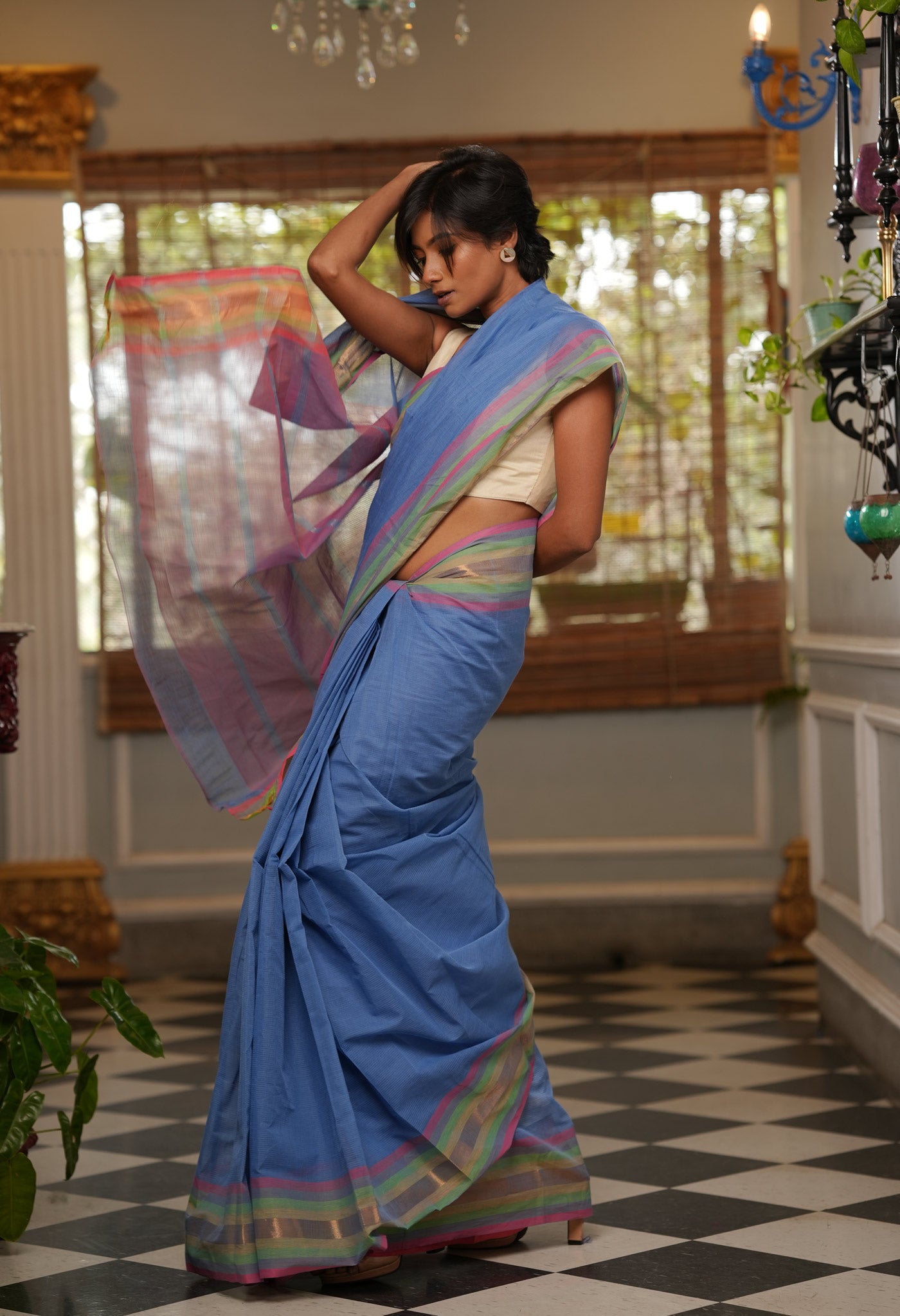 Blue Pure Mangalgiri Cotton Saree-UNM73479