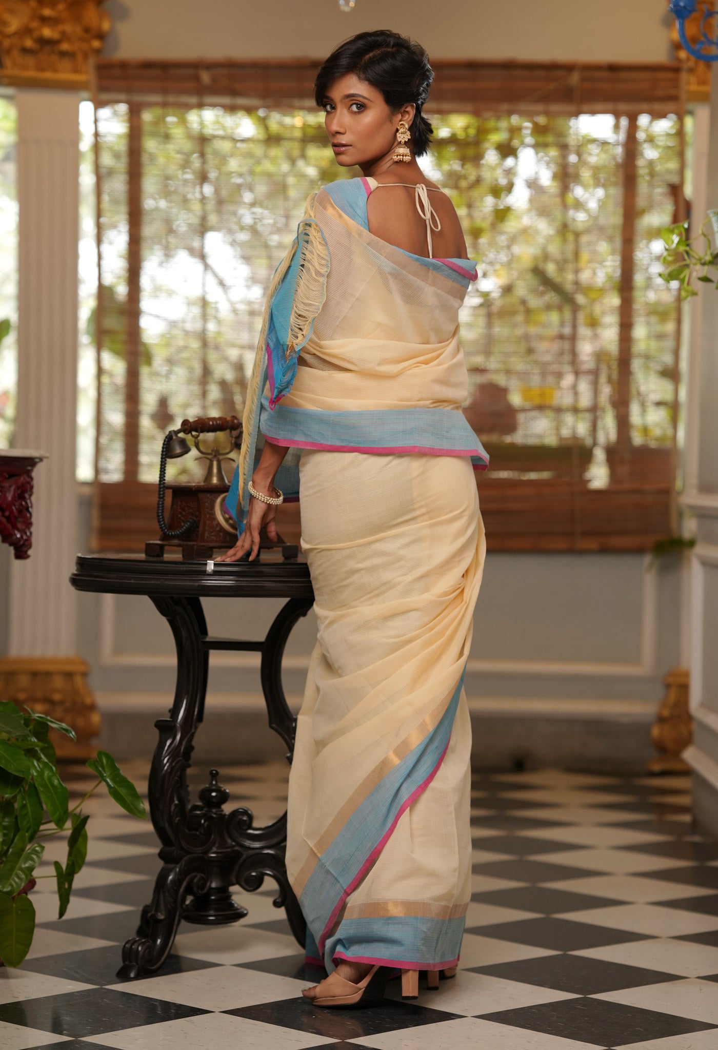 Cream Pure Mangalgiri Cotton Saree