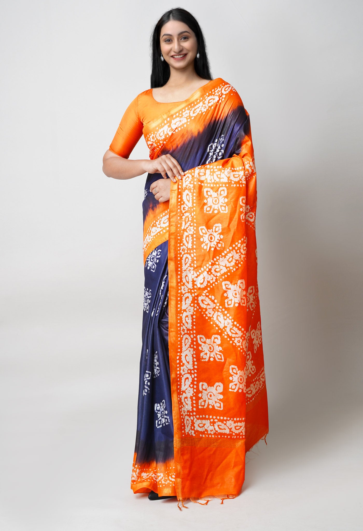 Blue-Orange Pure Batik Printed Chanderi Sico Saree