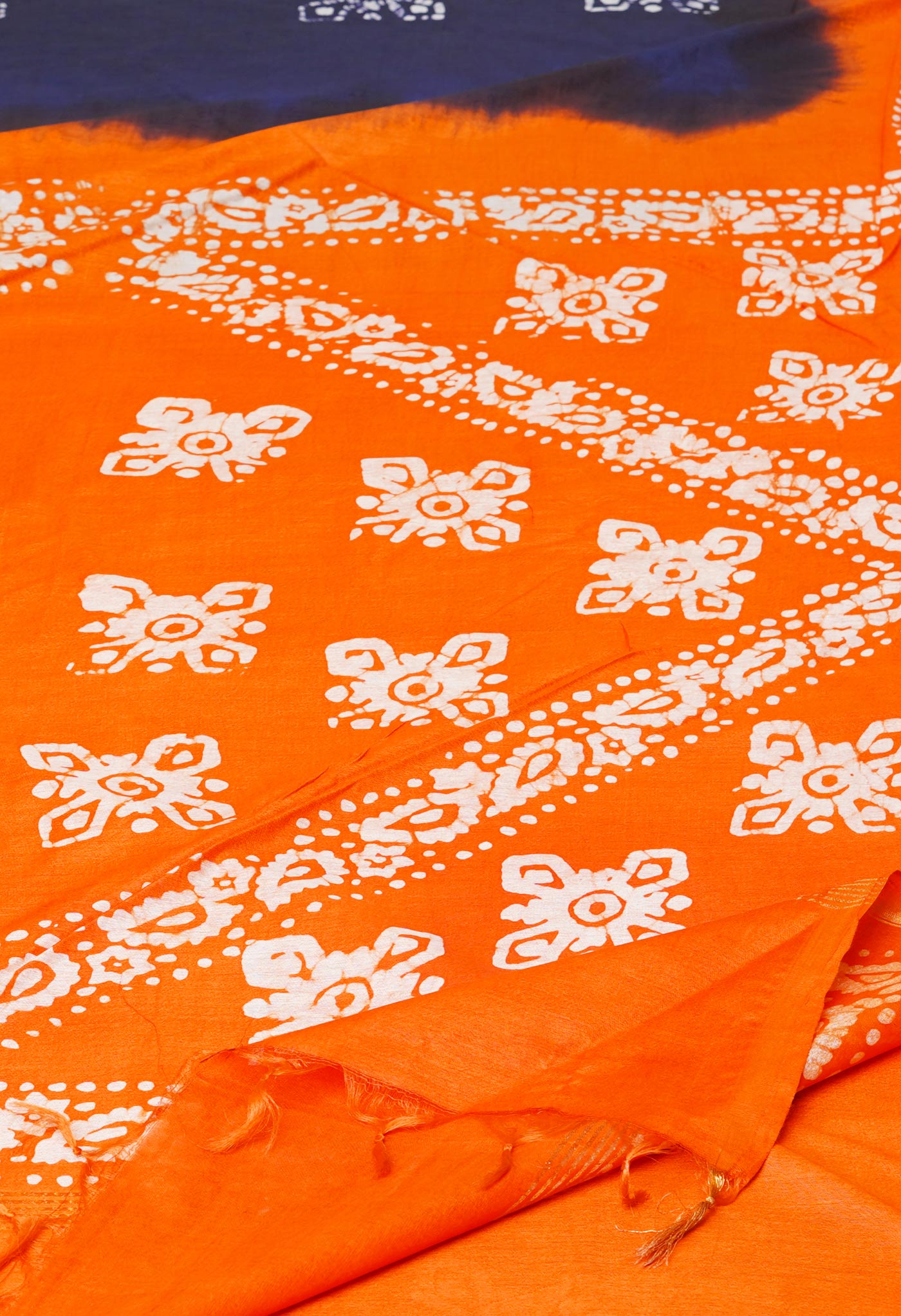 Blue-Orange Pure Batik Printed Chanderi Sico Saree