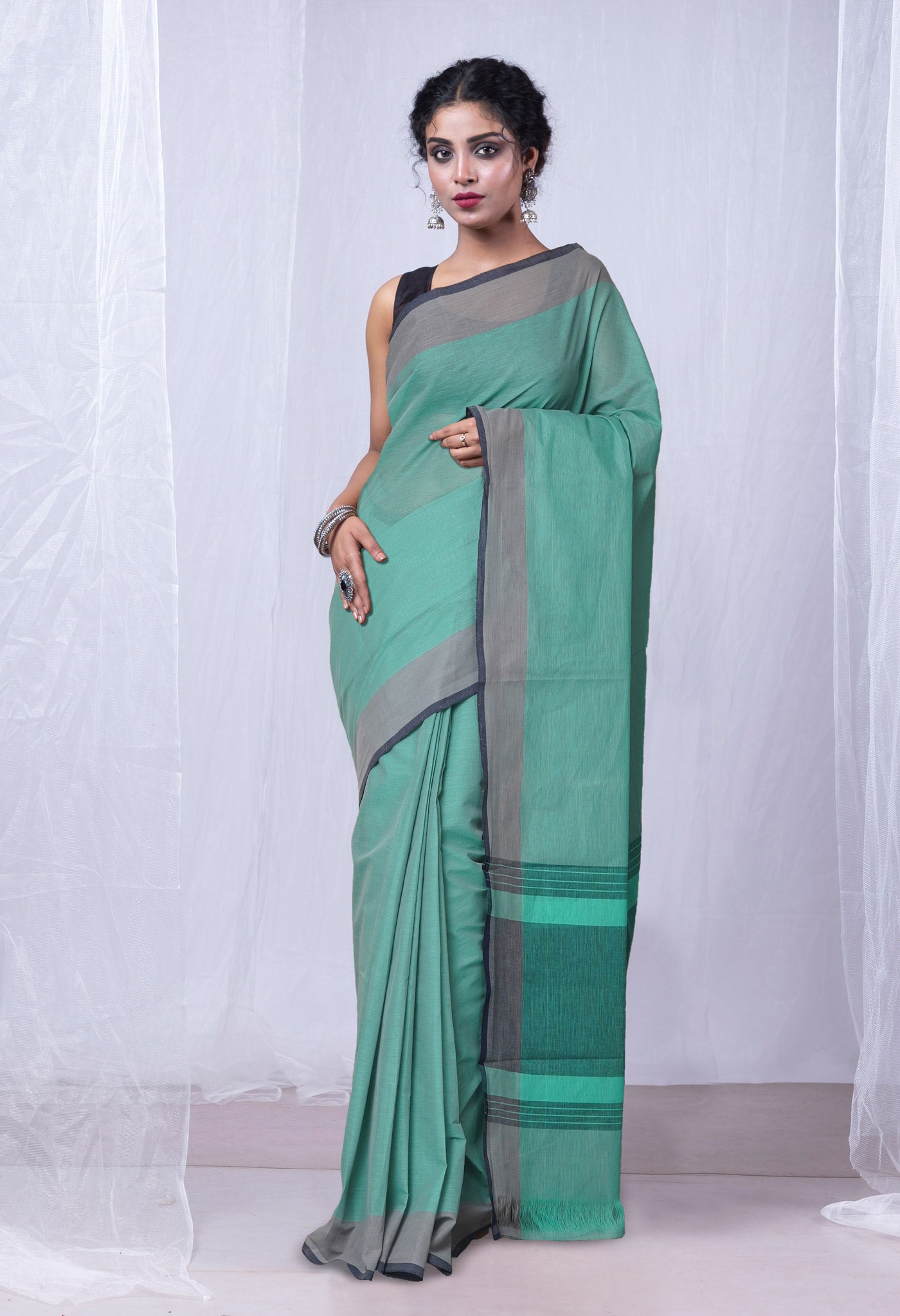 Pastel Green-Blue Pure Double Shade Plain Mangalagiri Cotton Saree-UNM73613