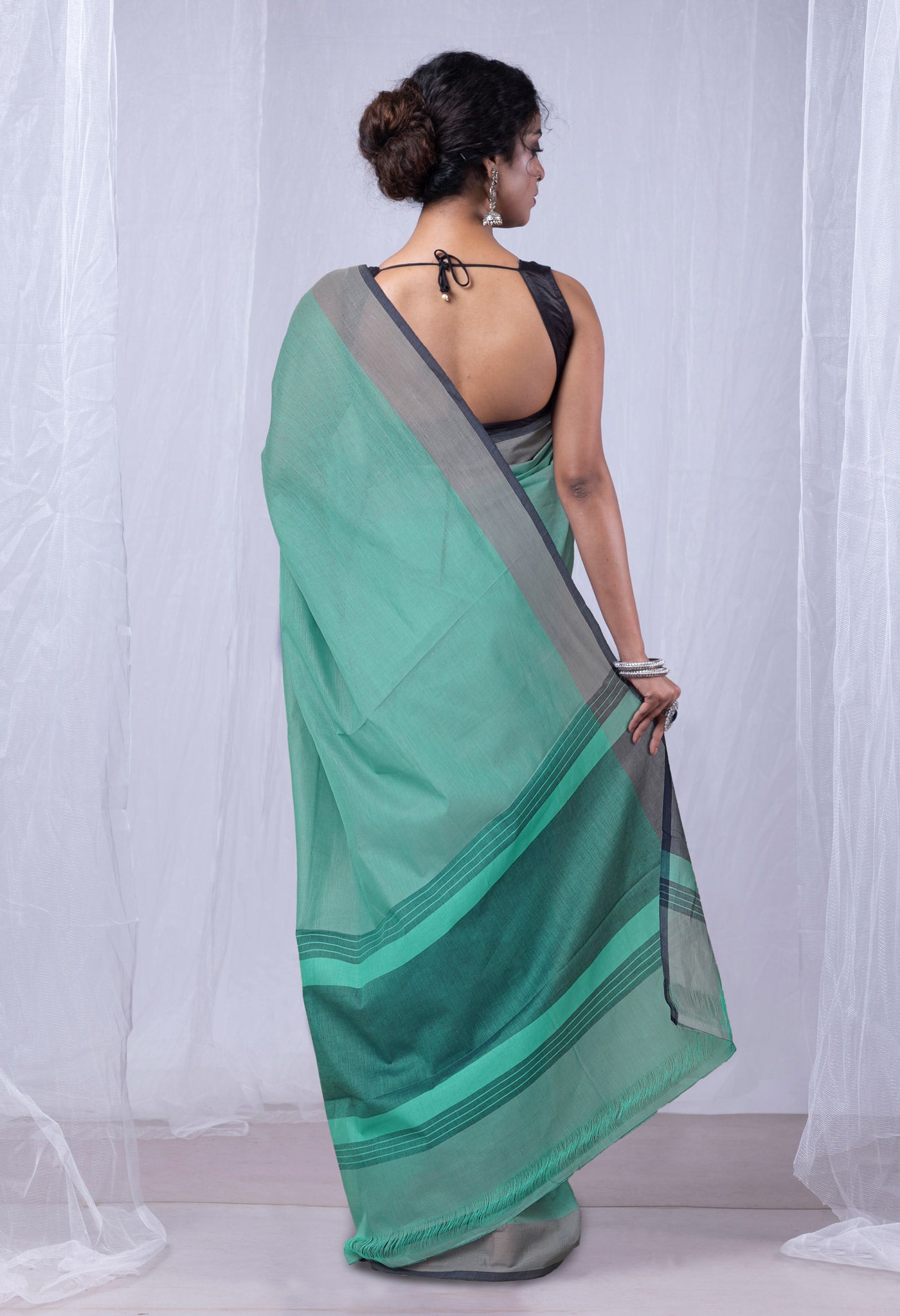 Pastel Green-Blue Pure Double Shade Plain Mangalagiri Cotton Saree-UNM73613