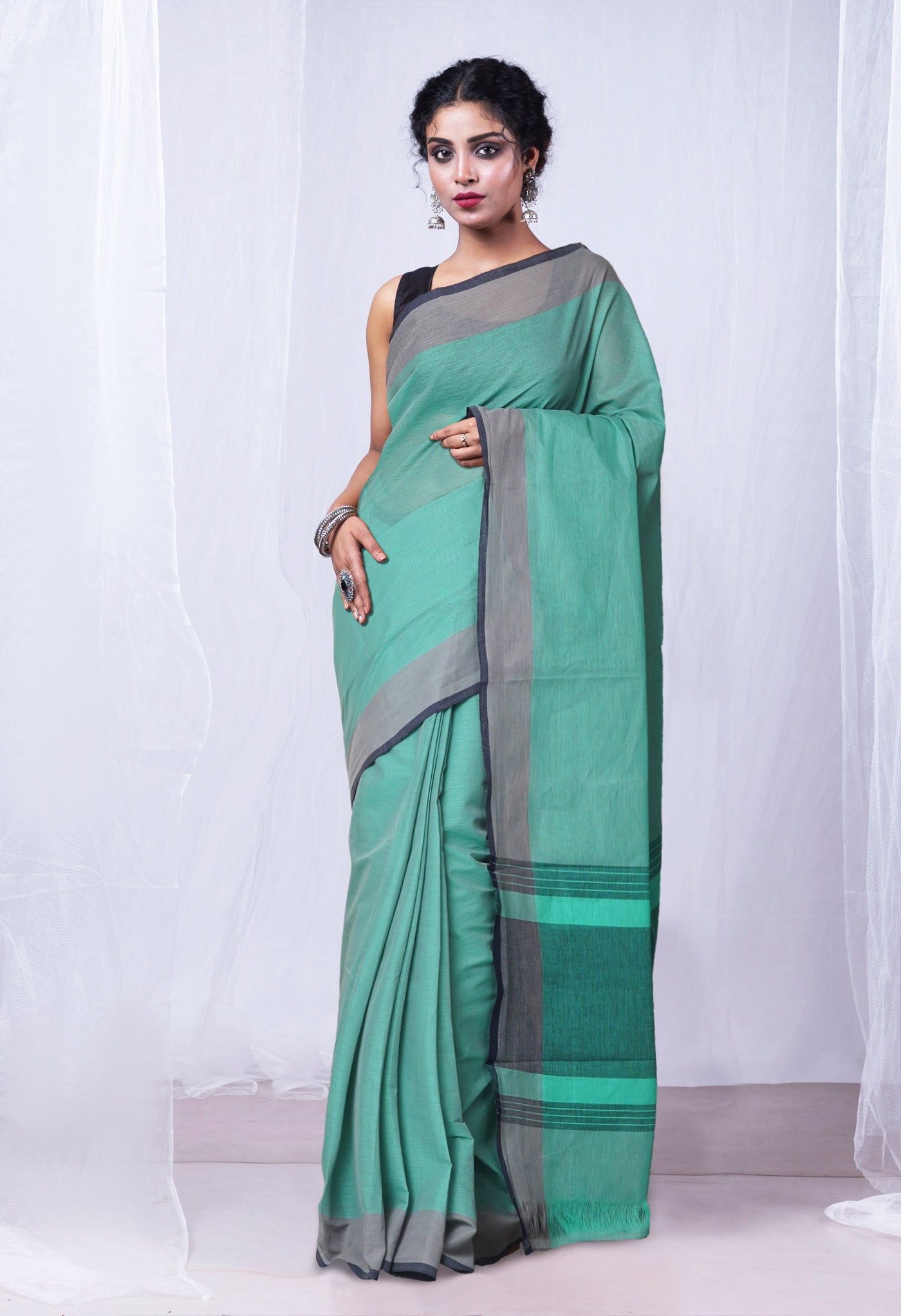 Pastel Green-Blue Pure Double Shade Plain Mangalagiri Cotton Saree-UNM73613