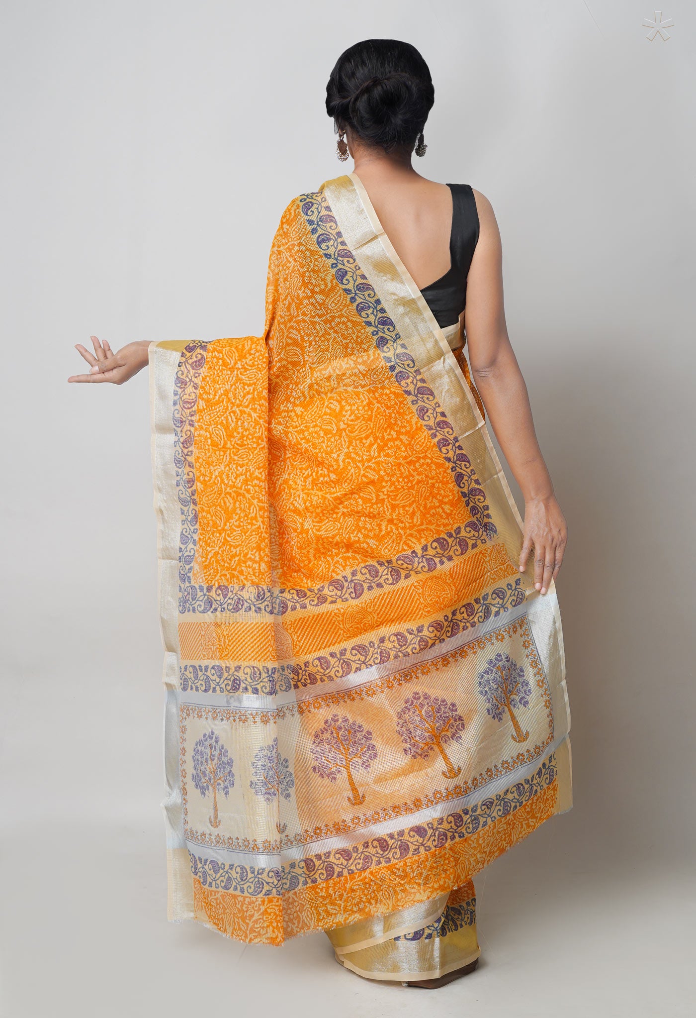 Orange Pure Block Printed Kota Cotton Saree