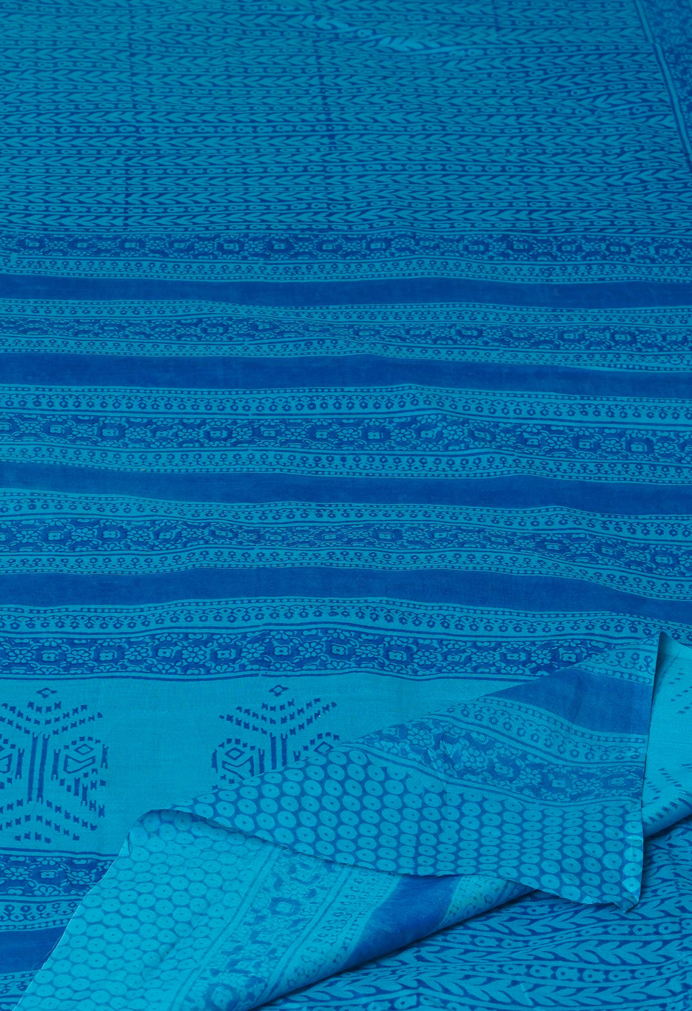 Blue Pure Block Printed Superfine Mulmul Cotton Saree-UNM73846