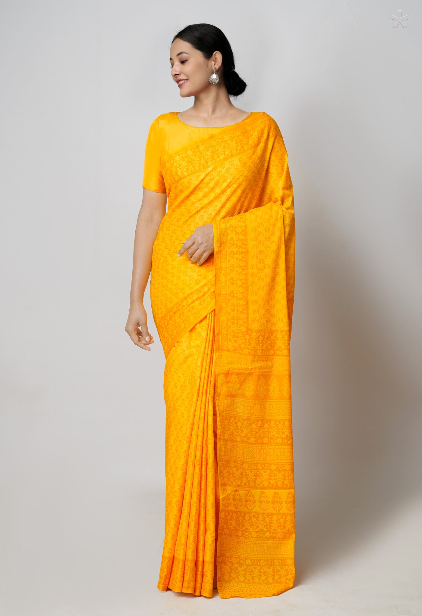 Yellow Pure  Block Printed Superfine Mulmul Cotton Saree-UNM73856