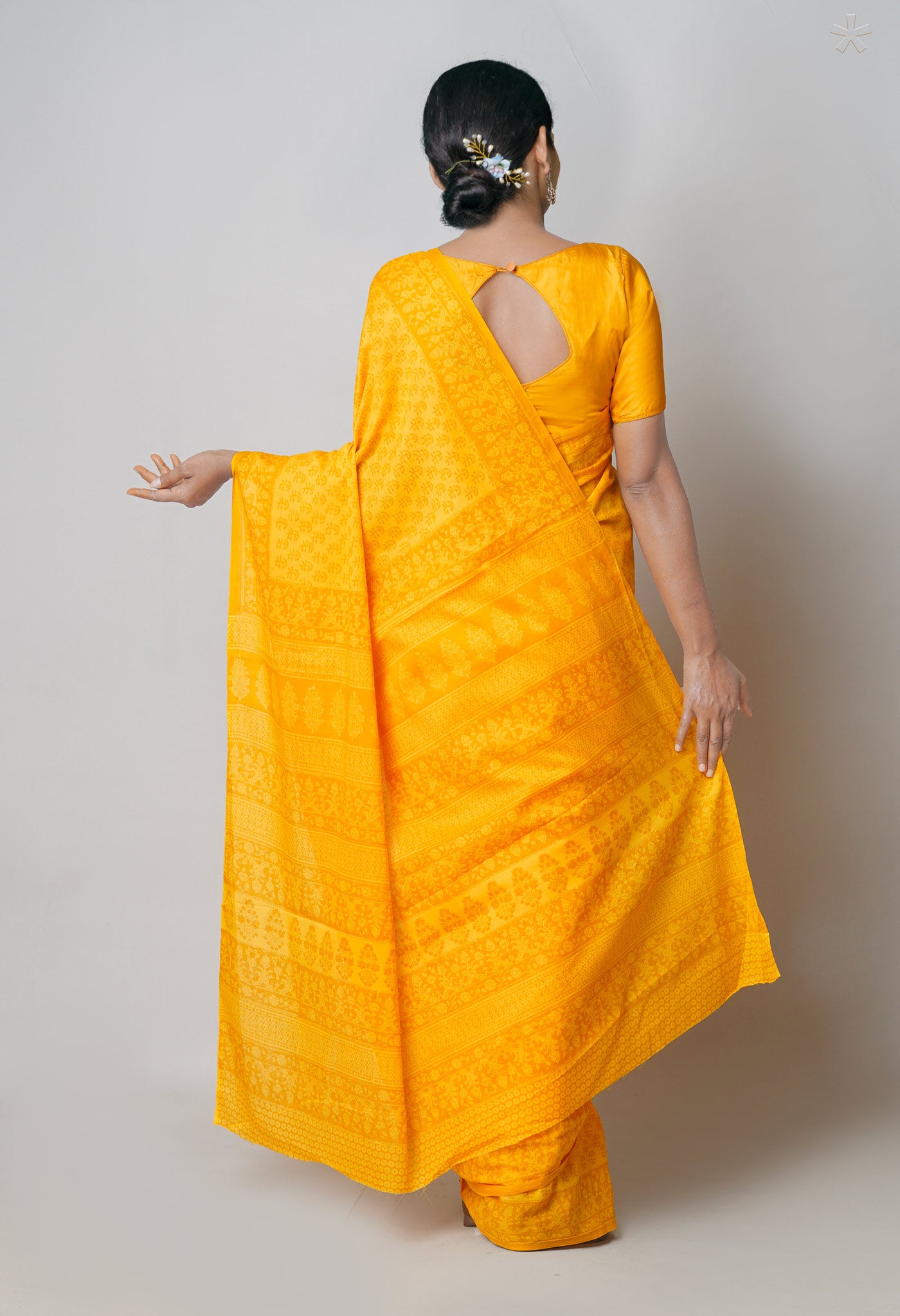 Yellow Pure  Block Printed Superfine Mulmul Cotton Saree-UNM73856