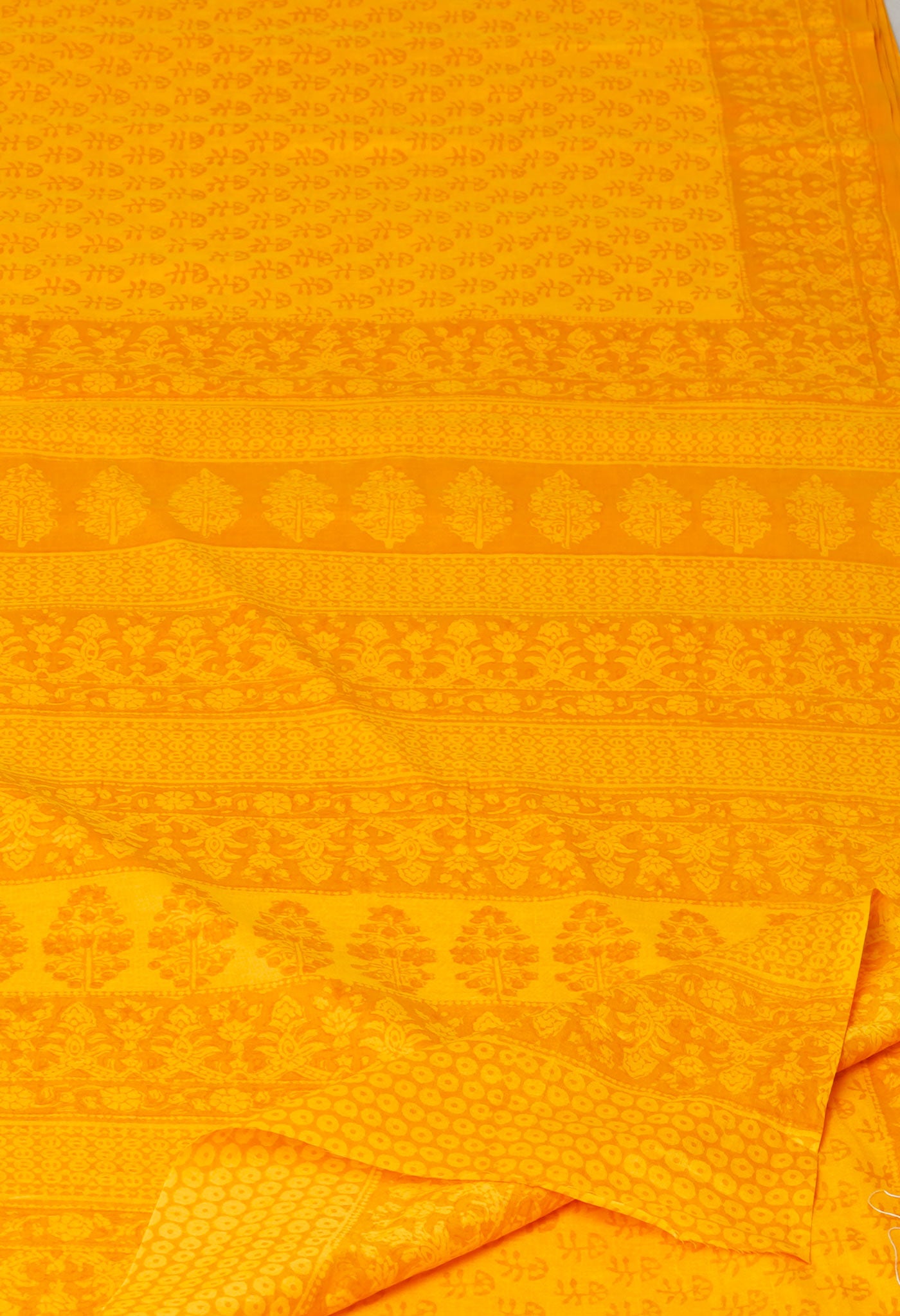 Yellow Pure  Block Printed Superfine Mulmul Cotton Saree-UNM73856