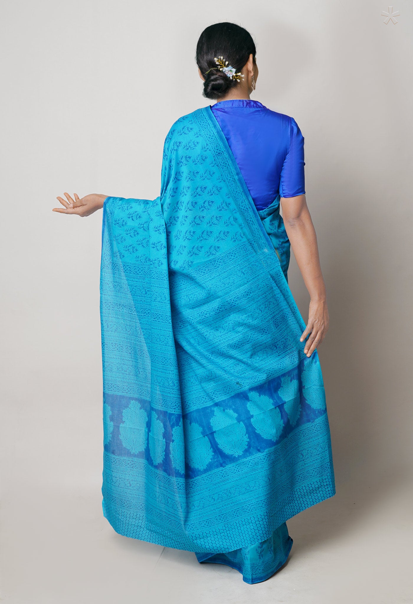 Blue Pure Block Printed Superfine Mulmul Cotton Saree