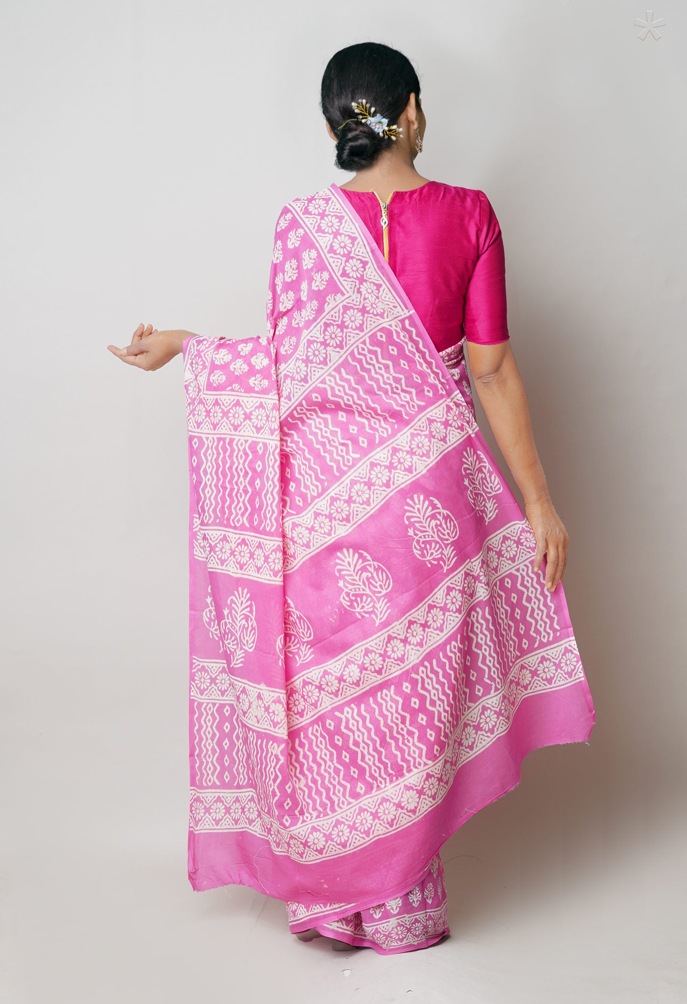 Pink Pure Hand Block Printed Discharge Soft Cotton Saree