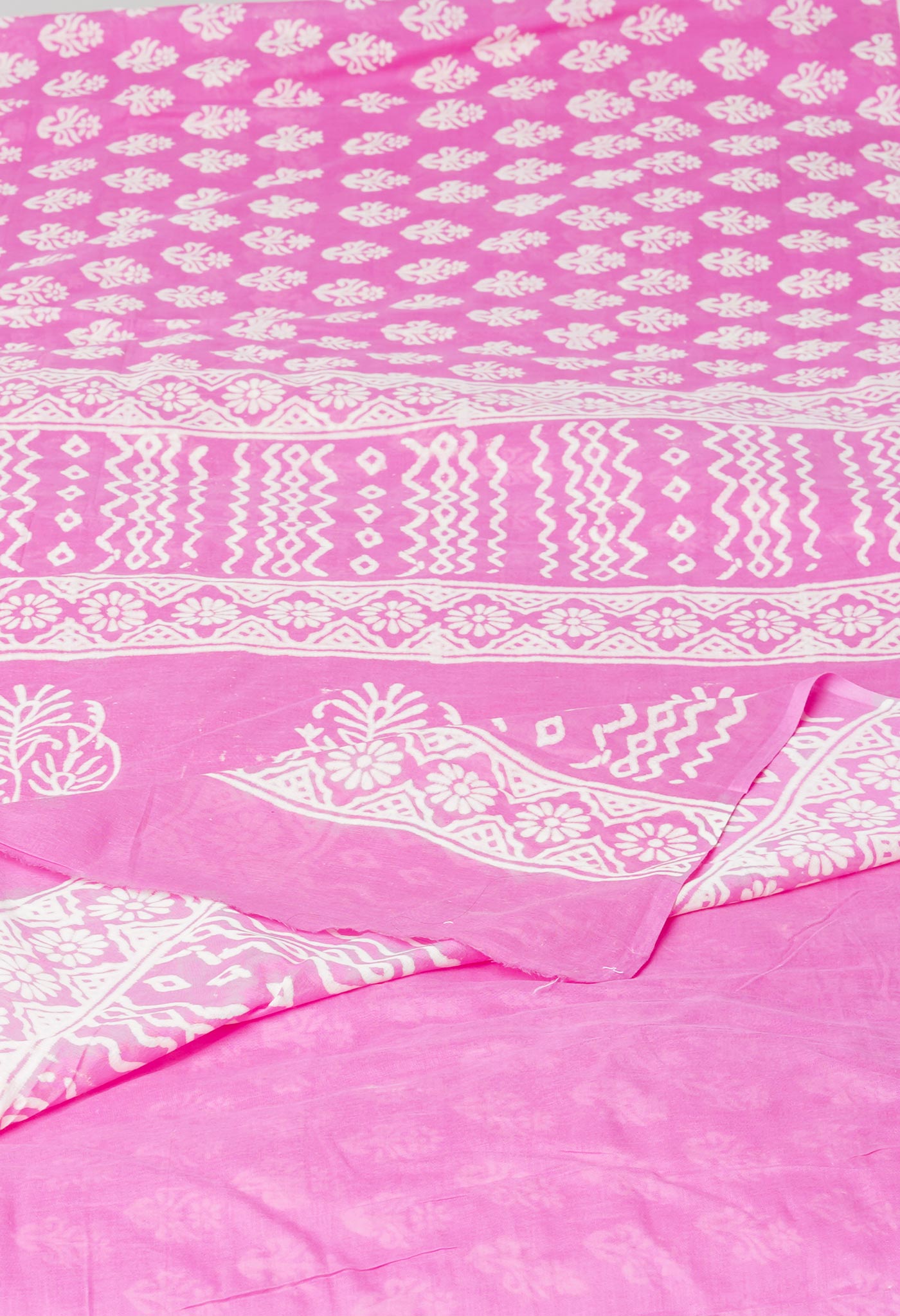 Pink Pure Hand Block Printed Discharge Soft Cotton Saree