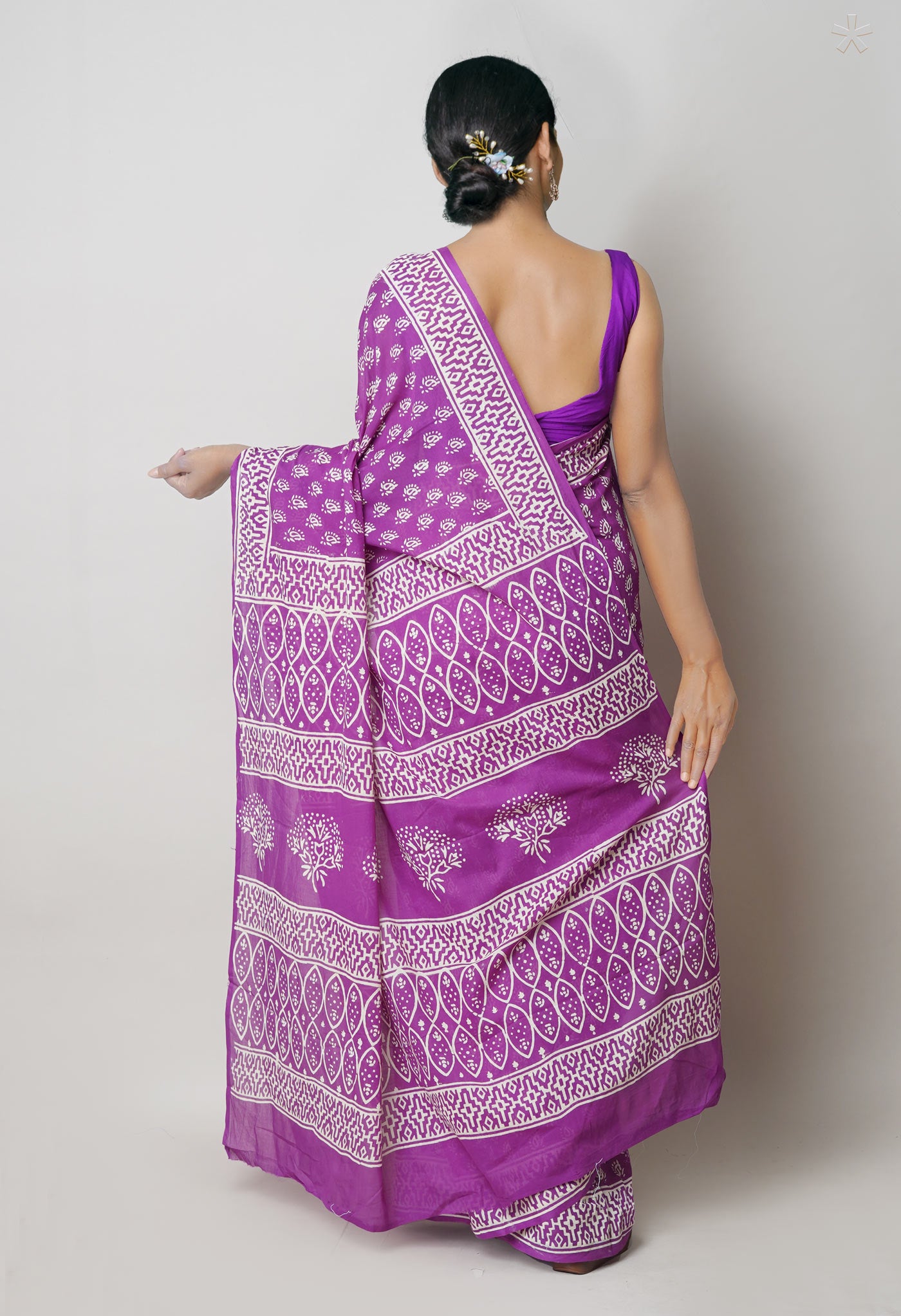 Purple Pure Hand Block Printed Soft Cotton Saree