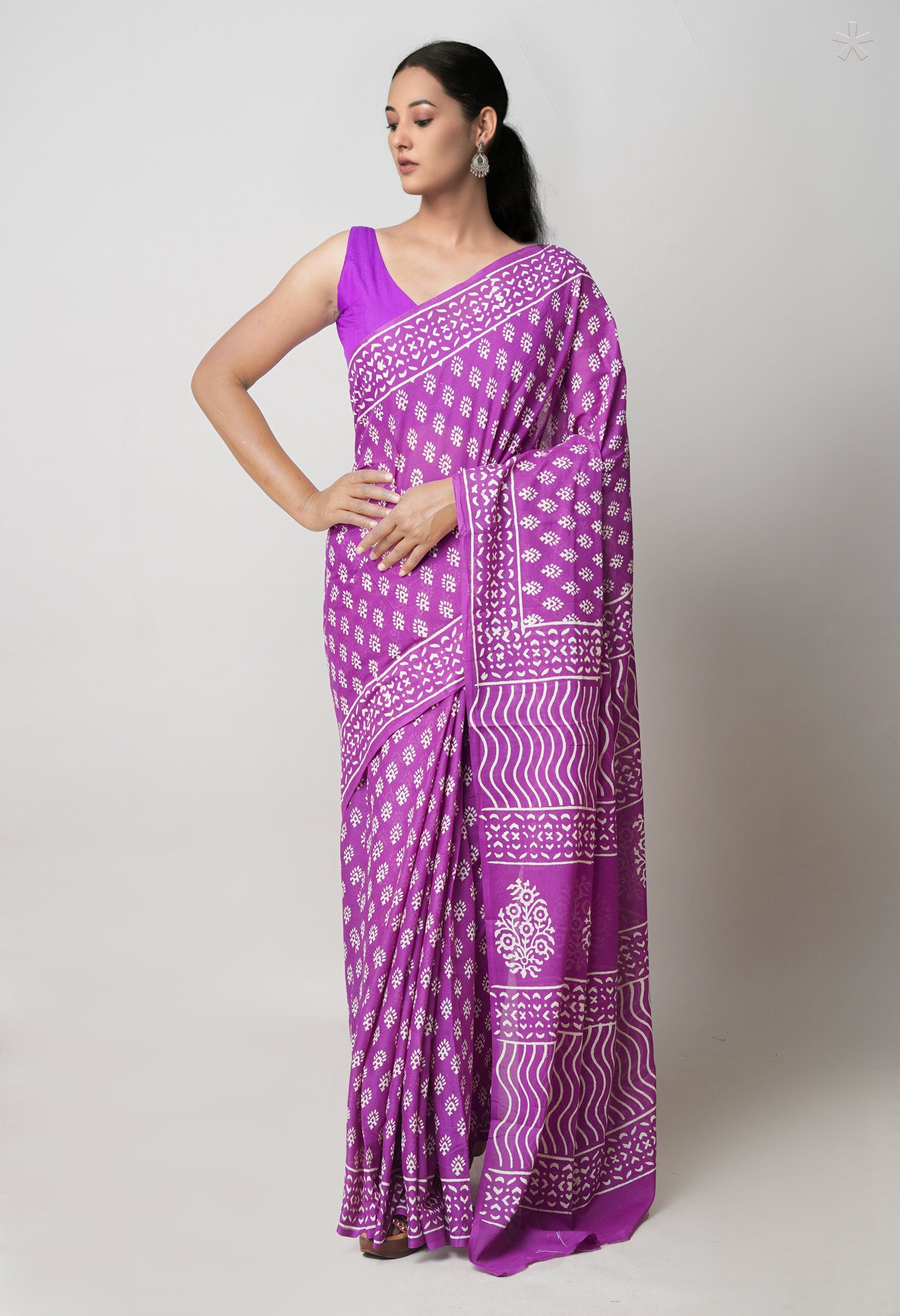 Purple Pure  Hand Block Printed Discharge Superfine Mulmul Cotton Saree-UNM73944